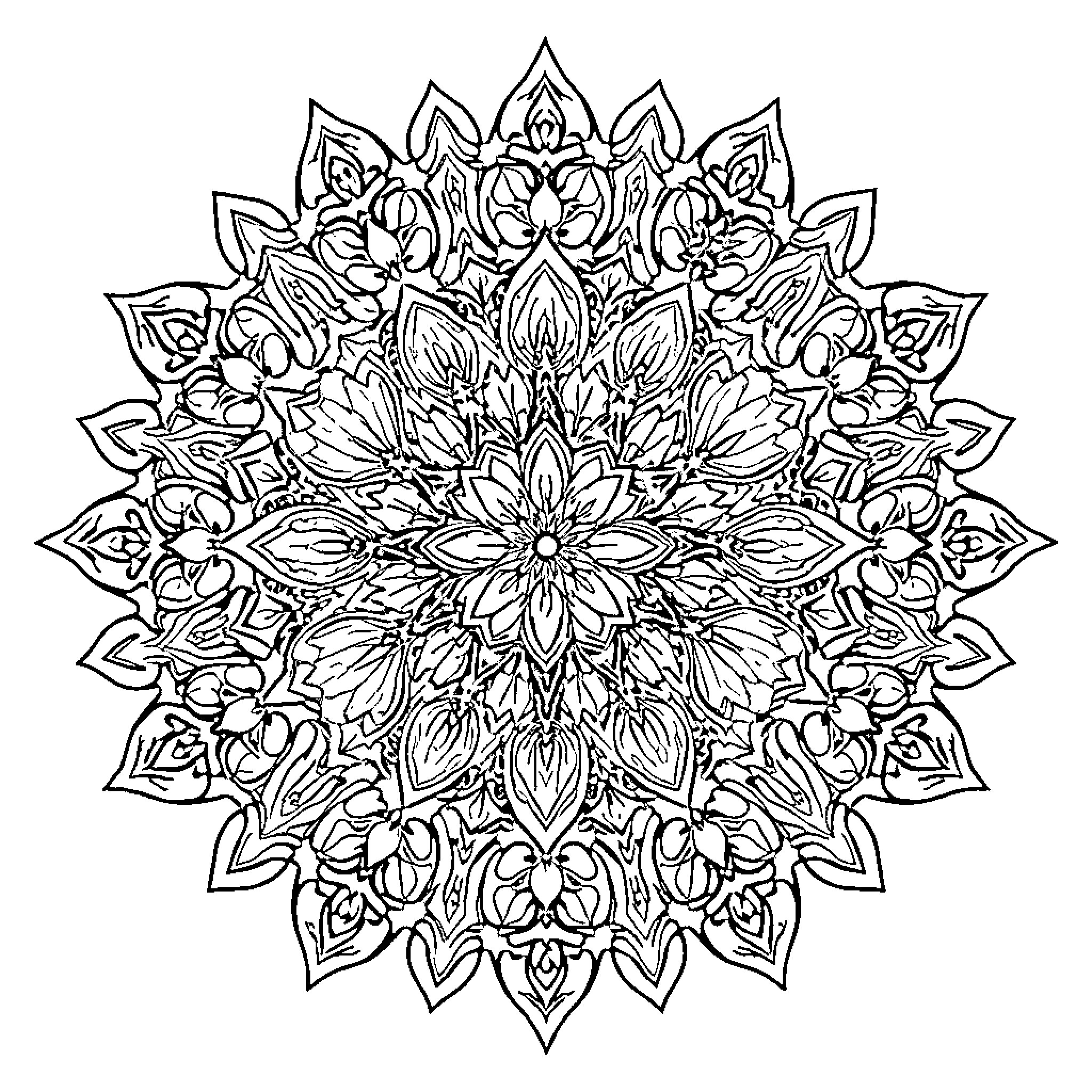 Mandala of intricate floral patterns Coloring Page (free black-and-white line drawing printable PDF for all, from beginners to advanced learners, including children, teens, adults, and seniors)