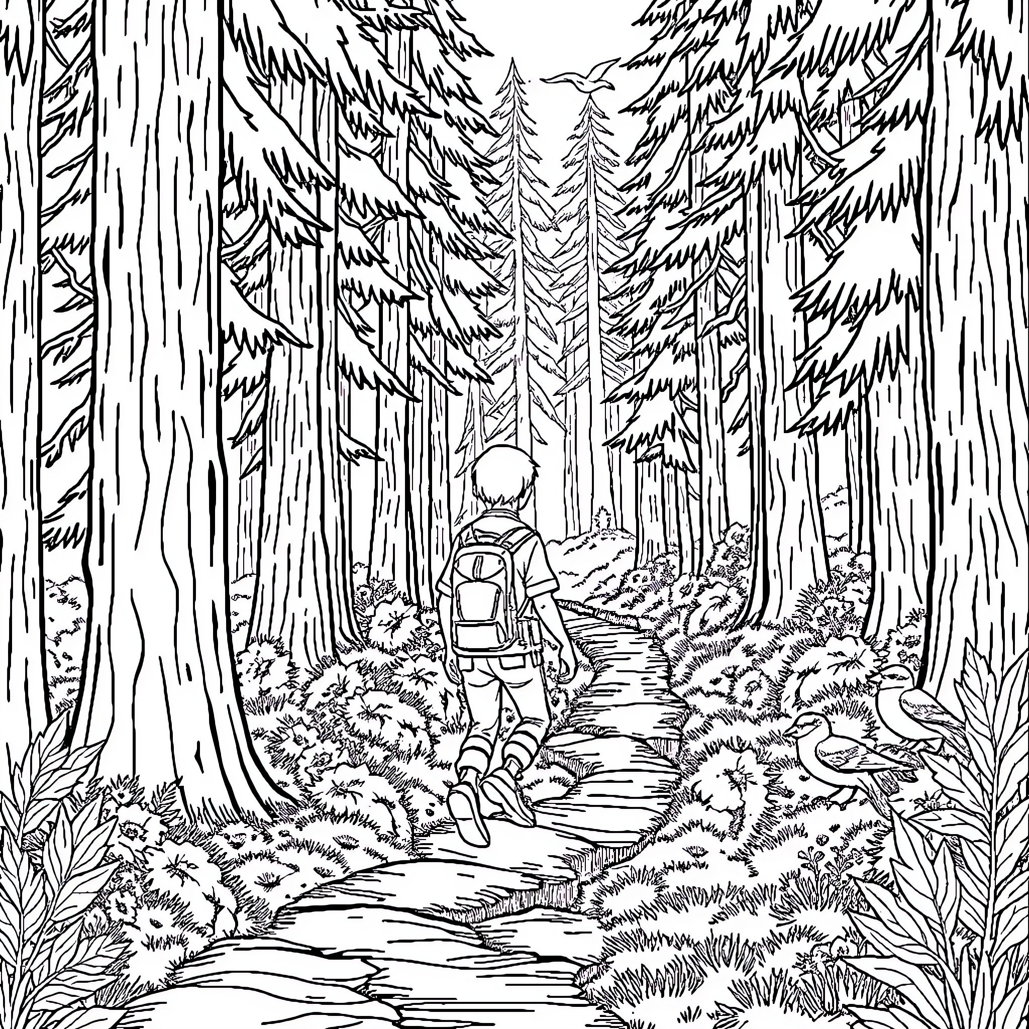 Scout exploring the mysterious forest trail Coloring Page (free black-and-white line drawing printable PDF for all, from beginners to advanced learners, including children, teens, adults, and seniors)