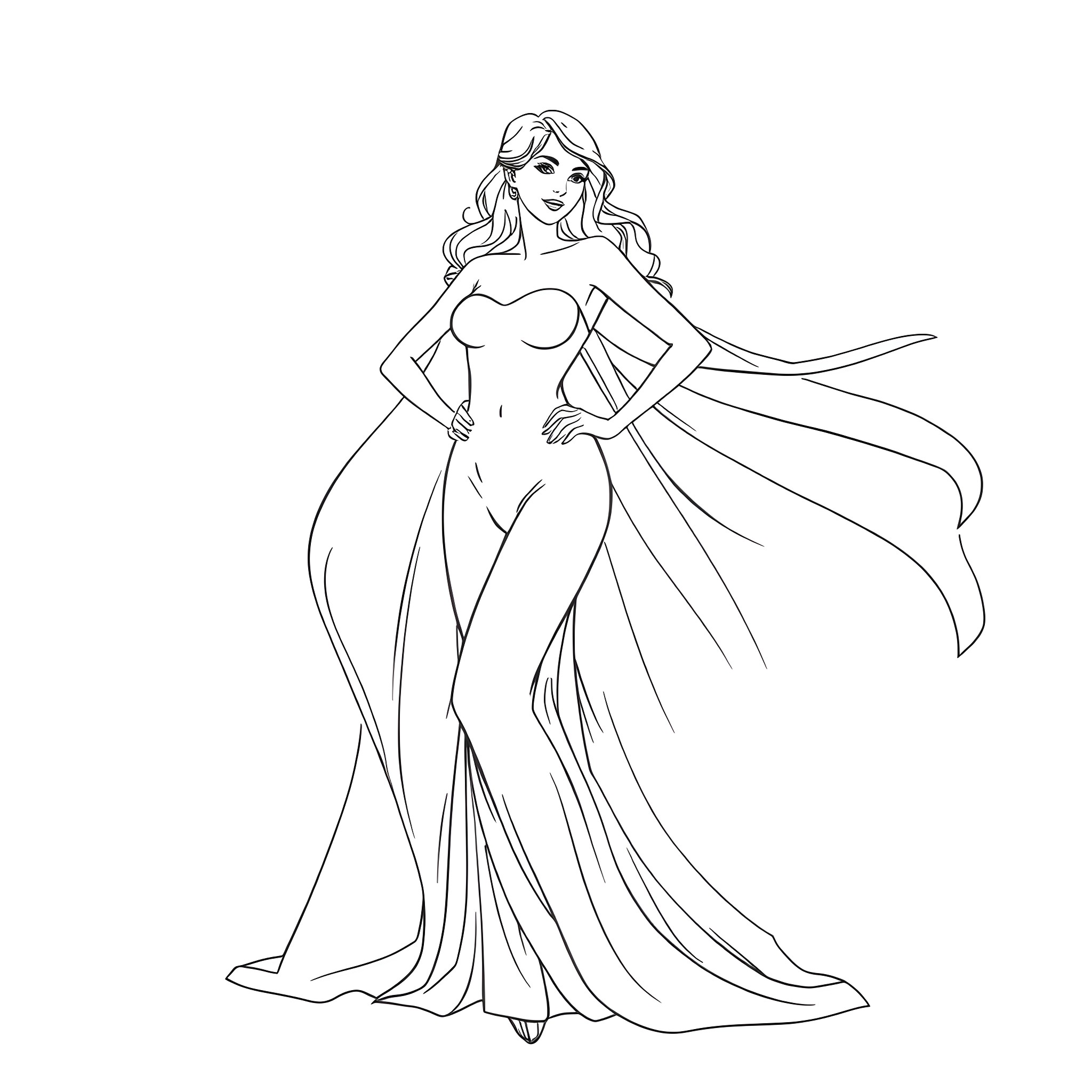 Girl in a long flowing dress Coloring Page (free black-and-white line drawing printable PDF for all, from beginners to advanced learners, including children, teens, adults, and seniors)