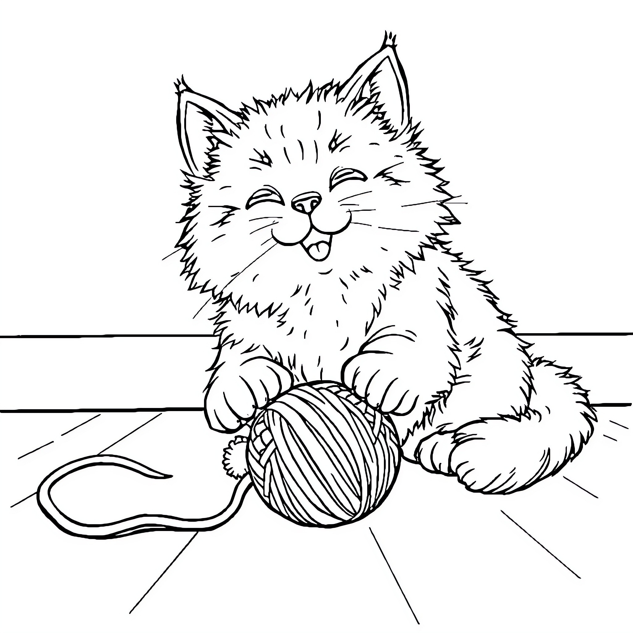 Cat playing with yarn ball Coloring Page (free black-and-white line drawing printable PDF for all, from beginners to advanced learners, including children, teens, adults, and seniors)