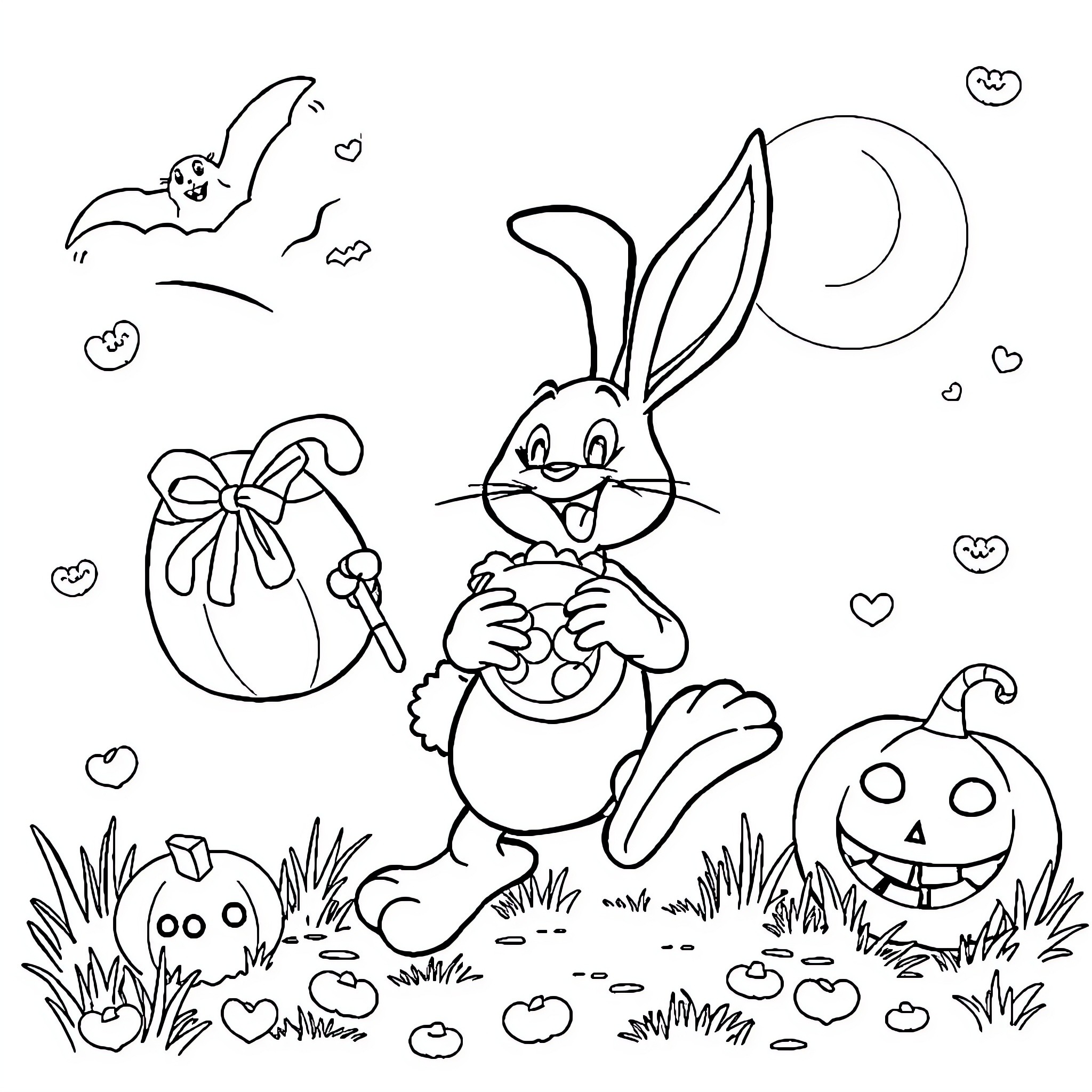 Bunny playing with pumpkin and hearts in the meadow Coloring Page (free black-and-white line drawing printable PDF for all, from beginners to advanced learners, including children, teens, adults, and seniors)