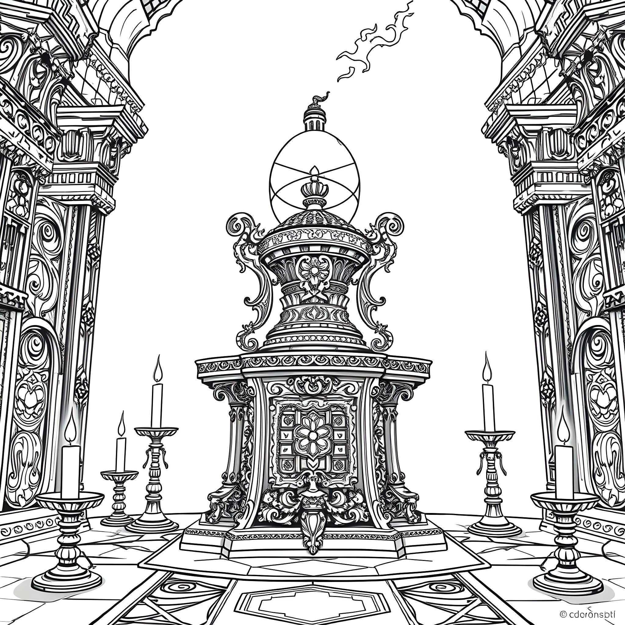 A Majestic Ornate Interior with Candelabras Coloring Page (free black-and-white line drawing printable PDF for all, from beginners to advanced learners, including children, teens, adults, and seniors)