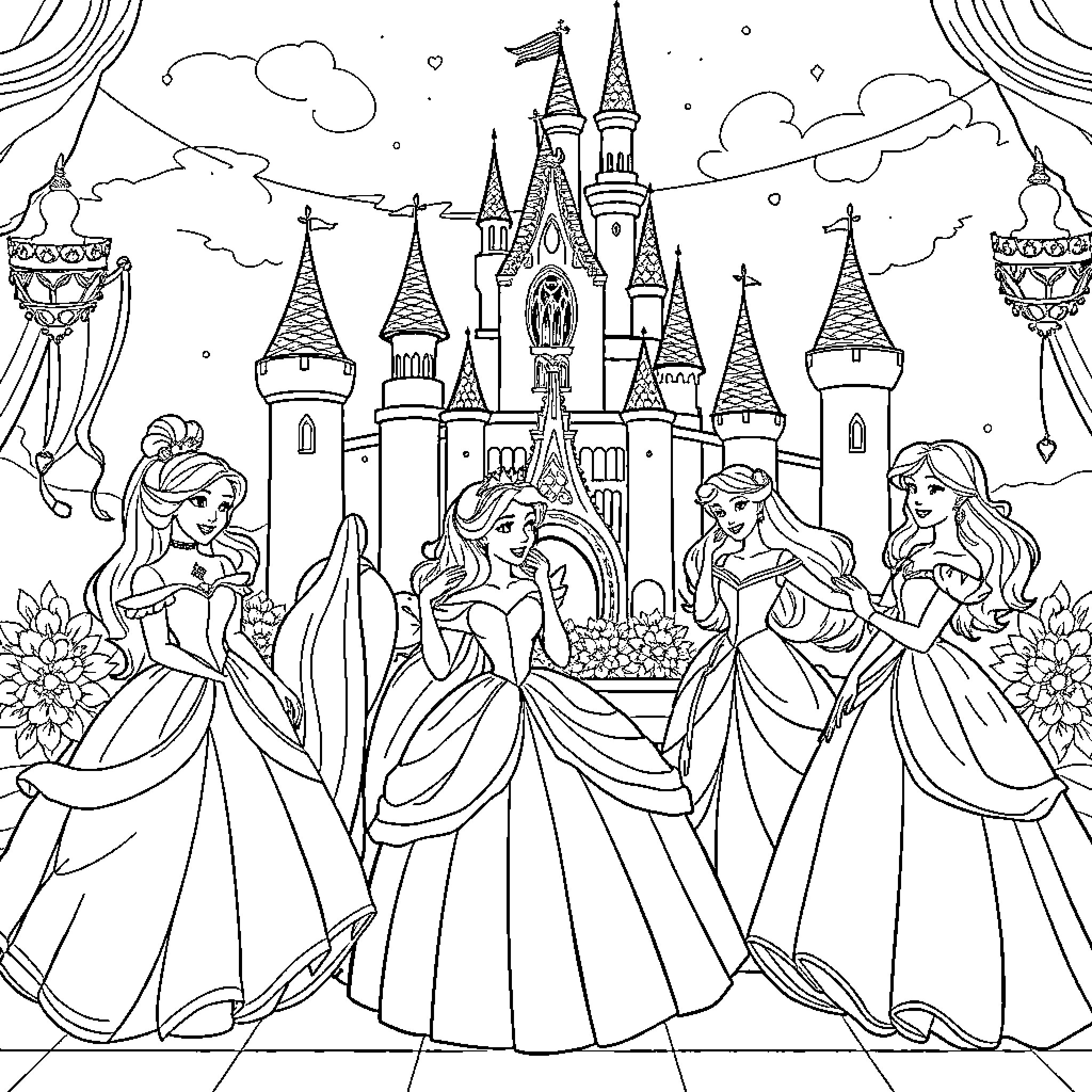 Princess Gathering at the Enchanted Castle Coloring Page (free black-and-white line drawing printable PDF for all, from beginners to advanced learners, including children, teens, adults, and seniors)