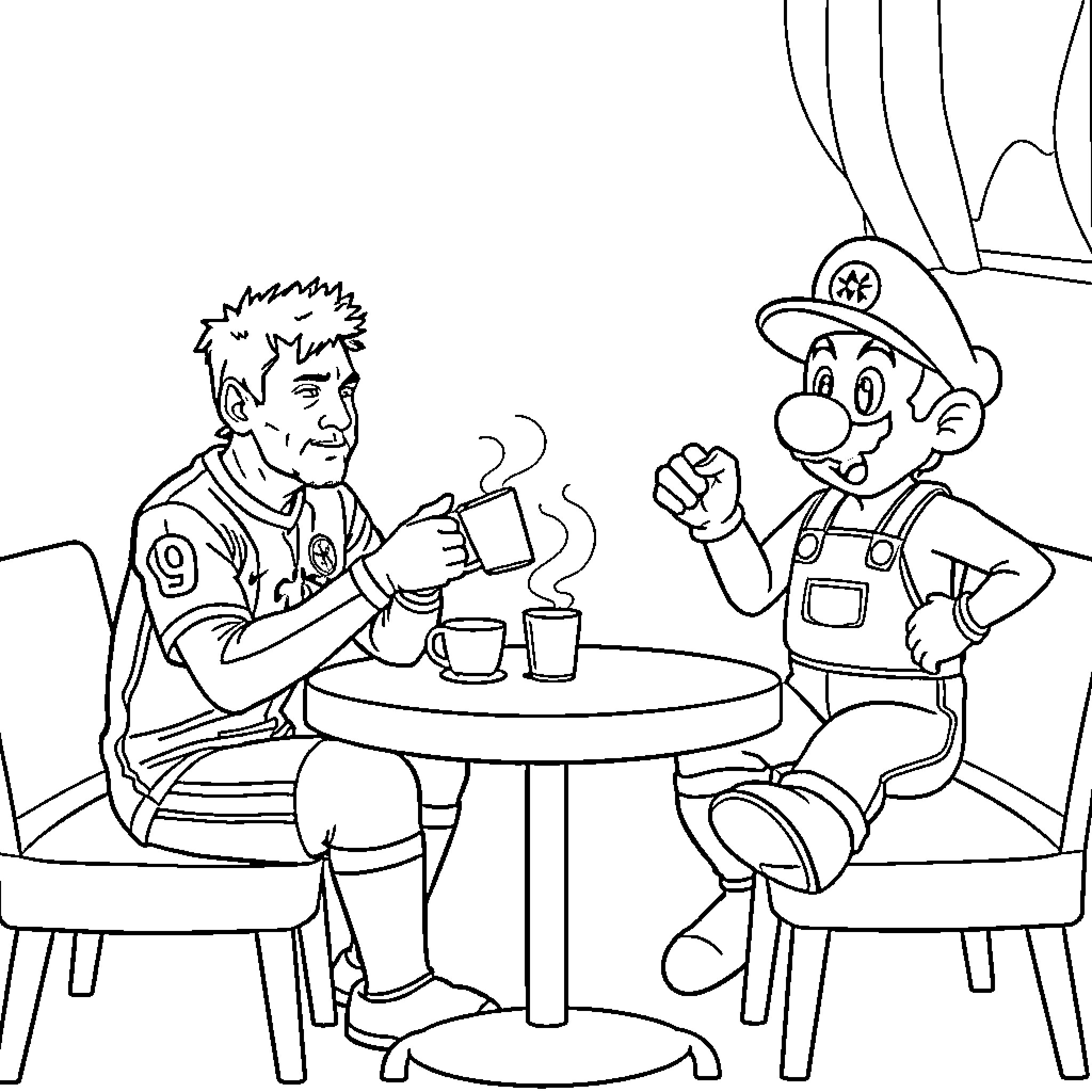 Messi and Mario enjoying coffee together Coloring Page (free black-and-white line drawing printable PDF for all, from beginners to advanced learners, including children, teens, adults, and seniors)