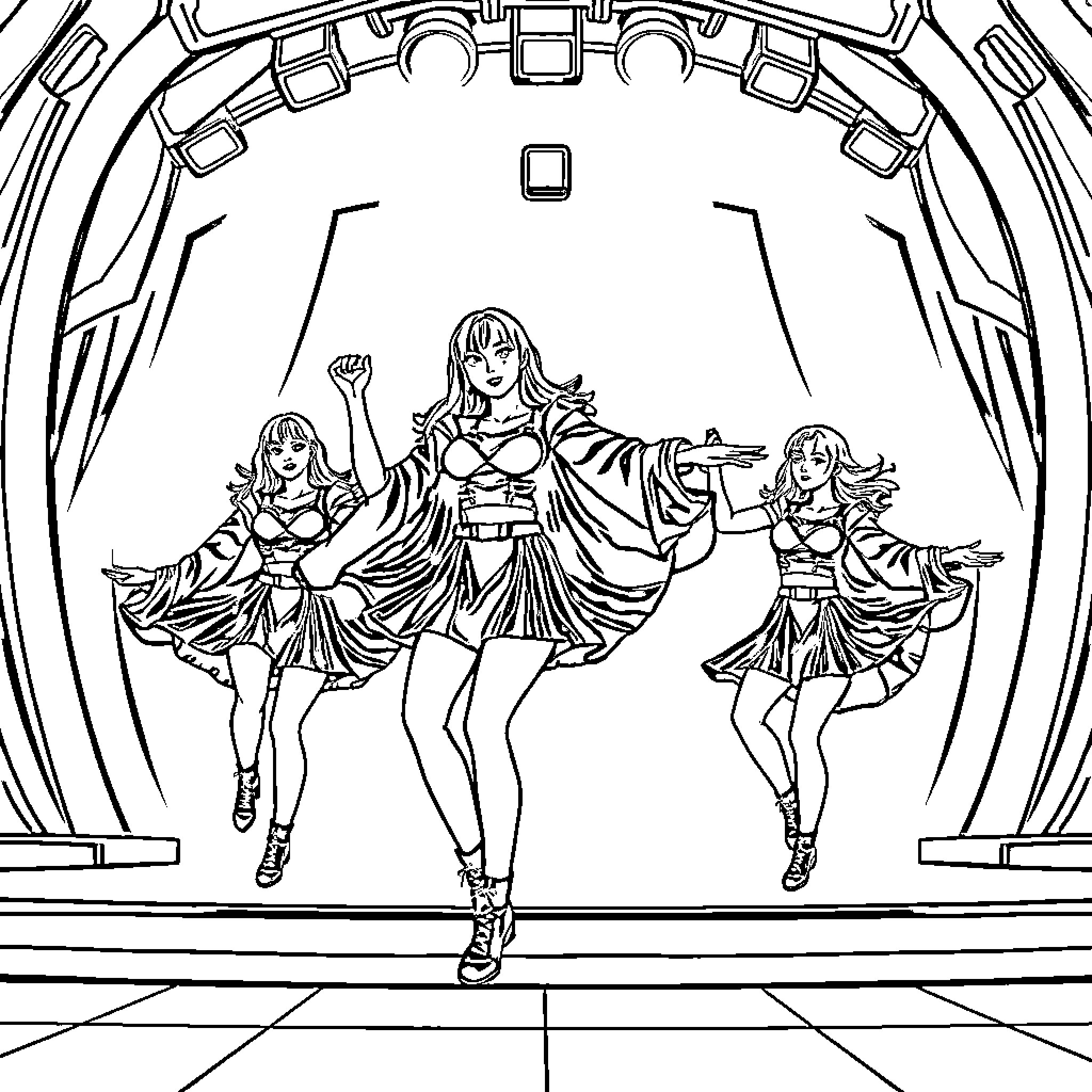 K Pop Warrior Dancers Performing on Stage Coloring Page (free black-and-white line drawing printable PDF for all, from beginners to advanced learners, including children, teens, adults, and seniors)