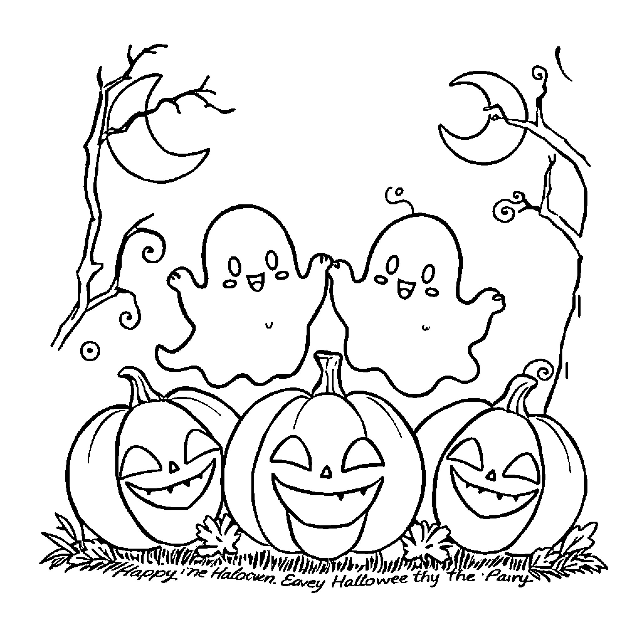 Halloween night with smiling pumpkins and ghosts Coloring Page (free black-and-white line drawing printable PDF for all, from beginners to advanced learners, including children, teens, adults, and seniors)