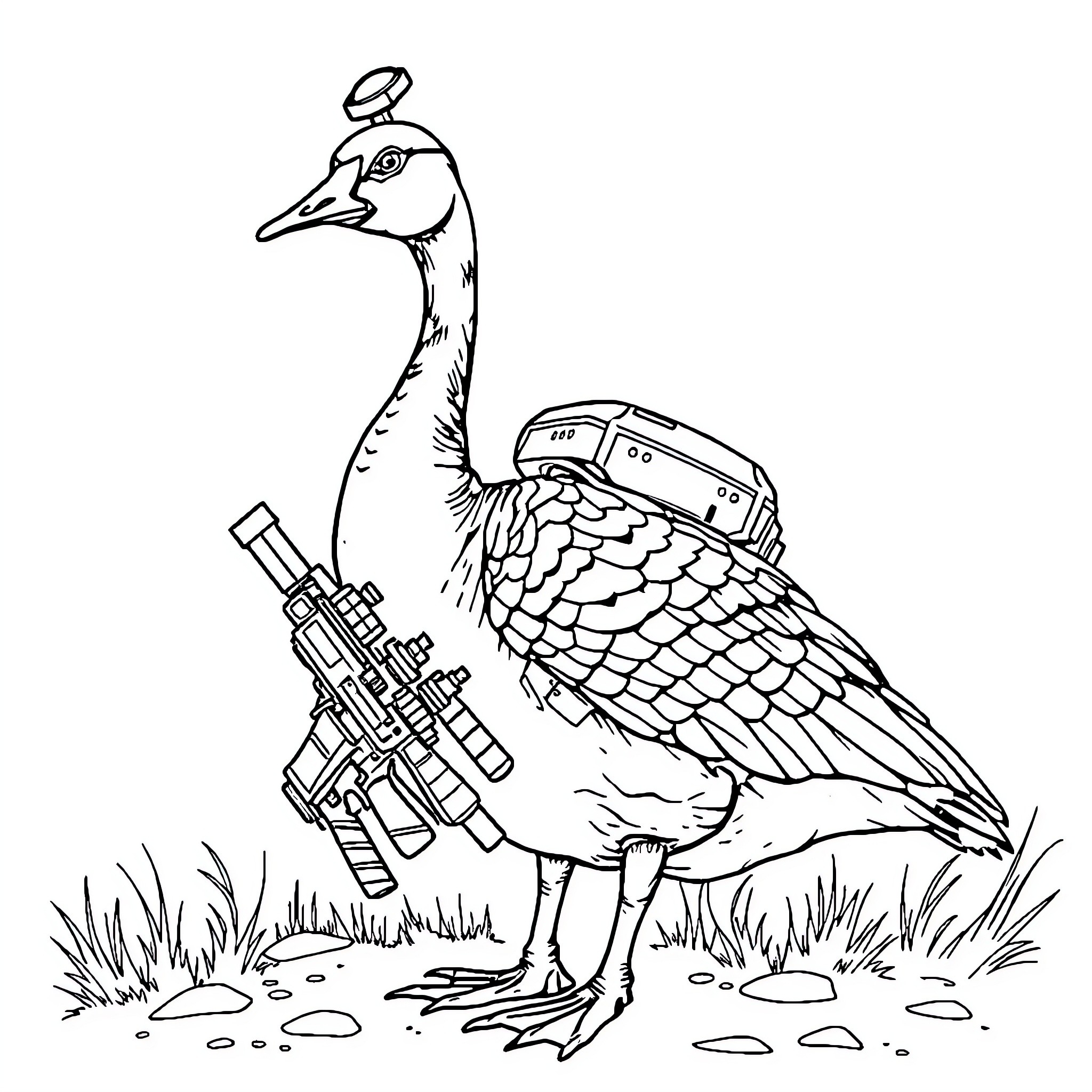 Goose wielding a futuristic weapon Coloring Page (free black-and-white line drawing printable PDF for all, from beginners to advanced learners, including children, teens, adults, and seniors)