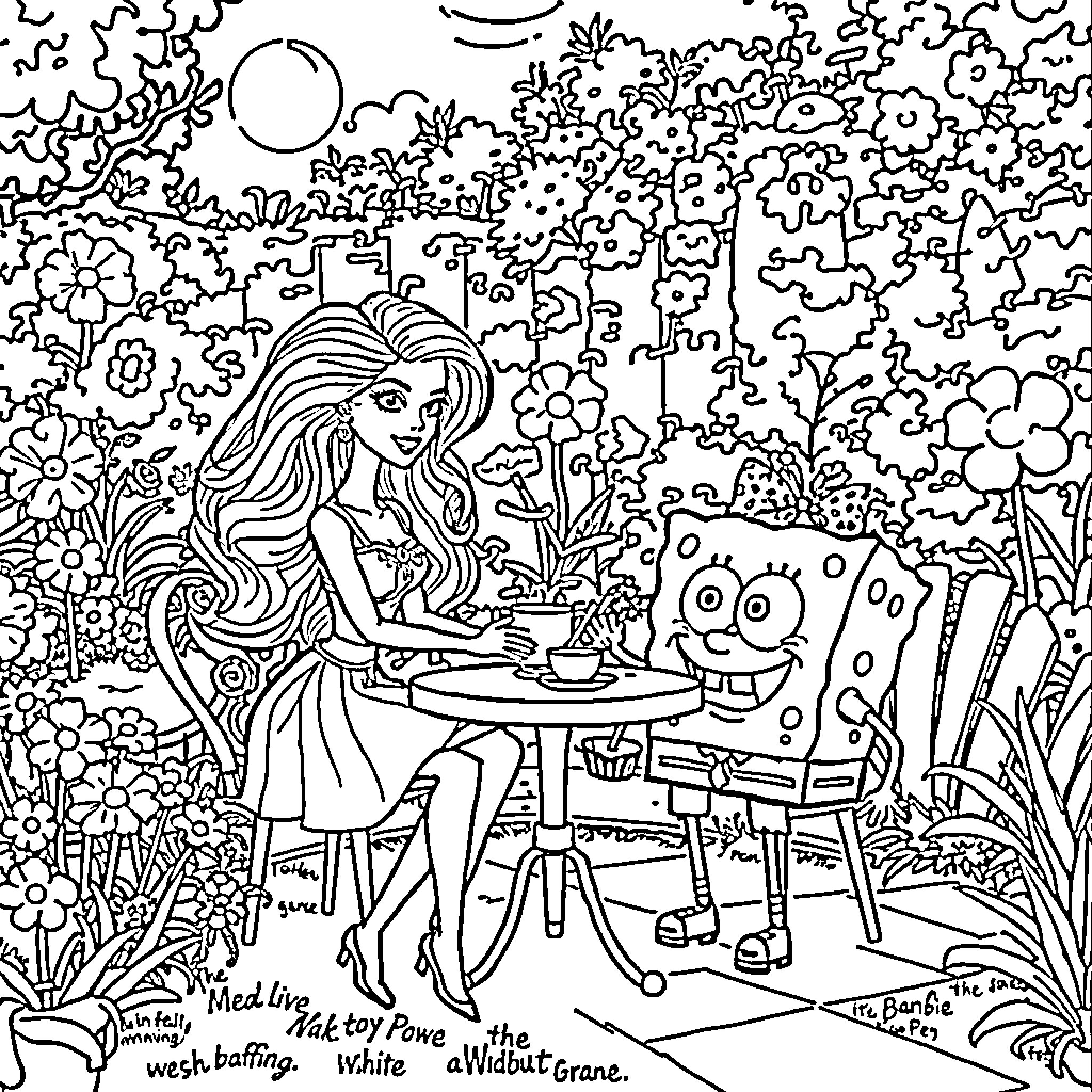 Barbie's Whimsical Garden Tea Party Coloring Page (free black-and-white line drawing printable PDF for all, from beginners to advanced learners, including children, teens, adults, and seniors)