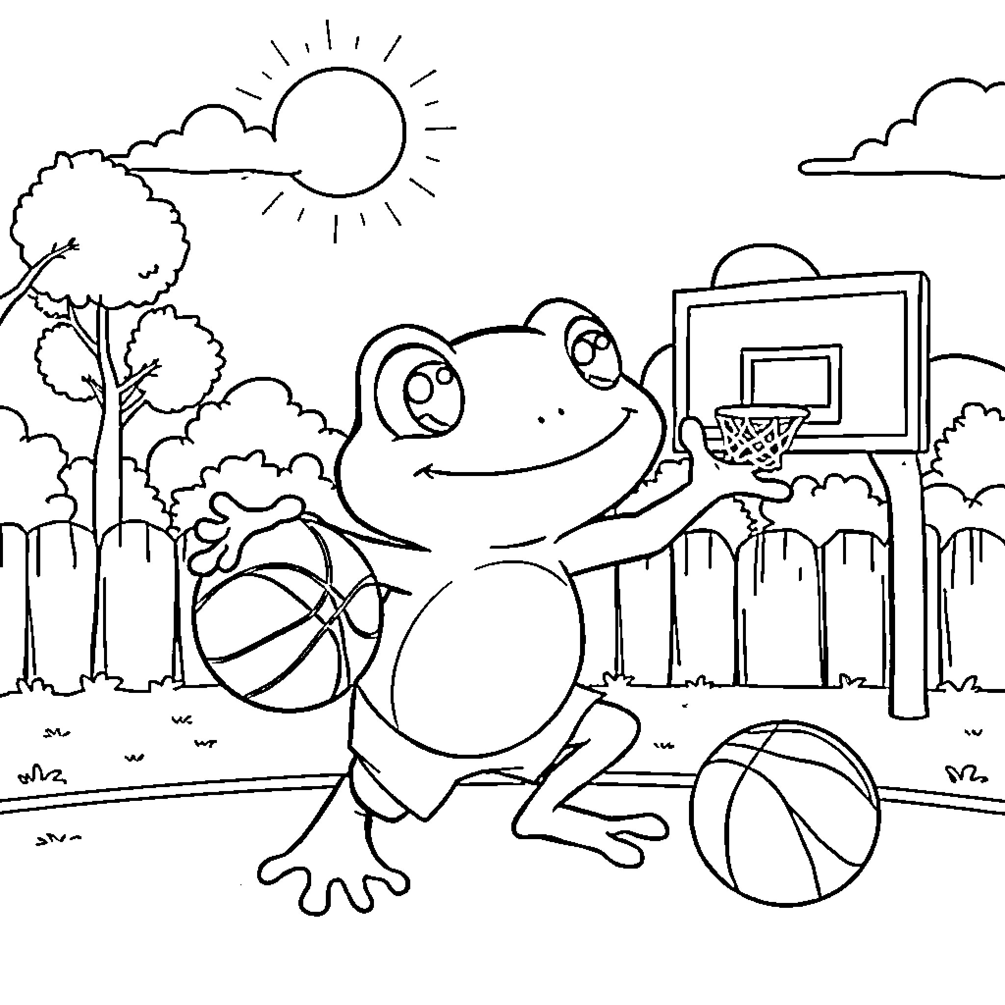 Keroppi playing basketball in the park Coloring Page (free black-and-white line drawing printable PDF for all, from beginners to advanced learners, including children, teens, adults, and seniors)