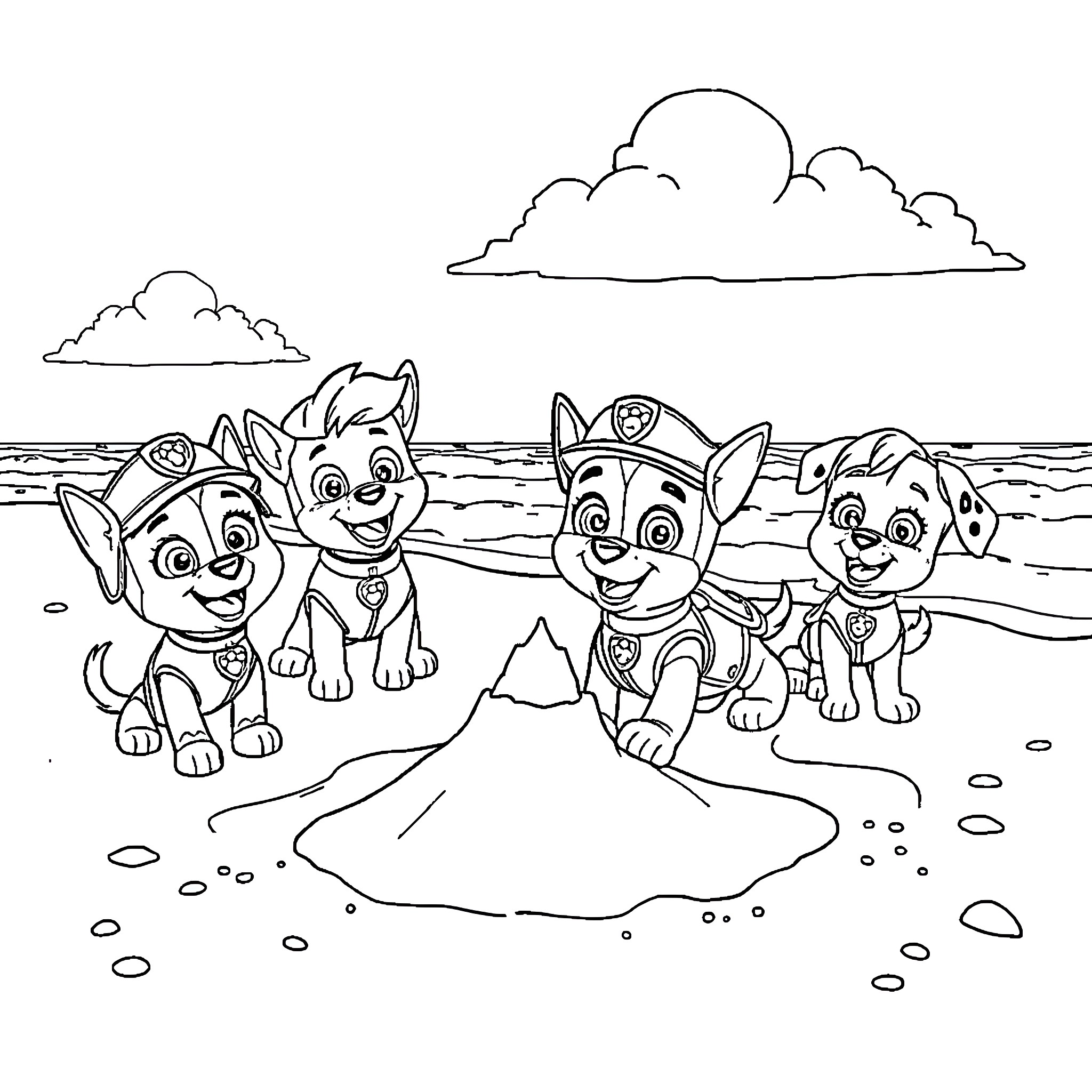 Paw Patrol puppies on the beach Coloring Page (free black-and-white line drawing printable PDF for all, from beginners to advanced learners, including children, teens, adults, and seniors)