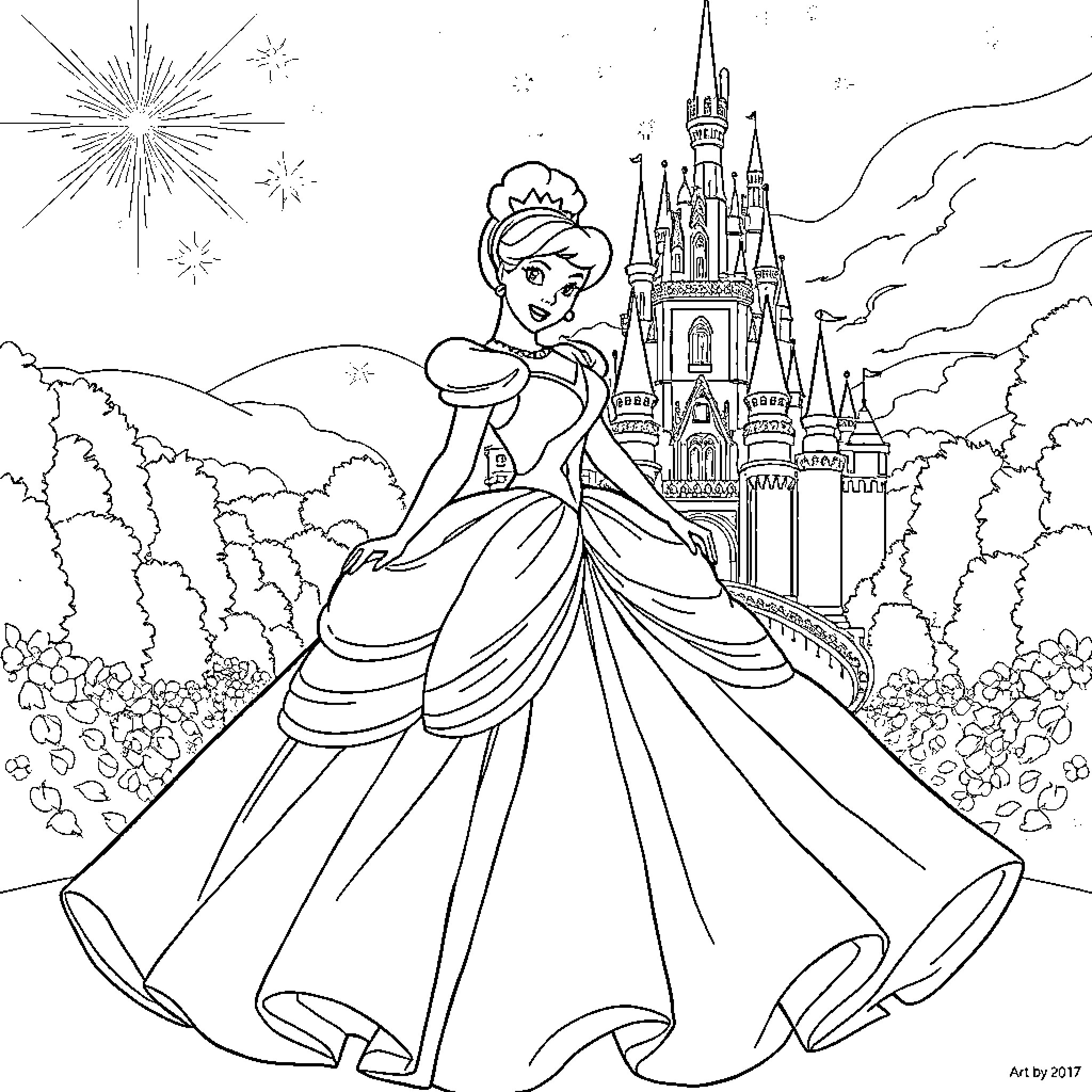 Cinderella in Her Elegant Ballgown Before the Castle Coloring Page (free black-and-white line drawing printable PDF for all, from beginners to advanced learners, including children, teens, adults, and seniors)