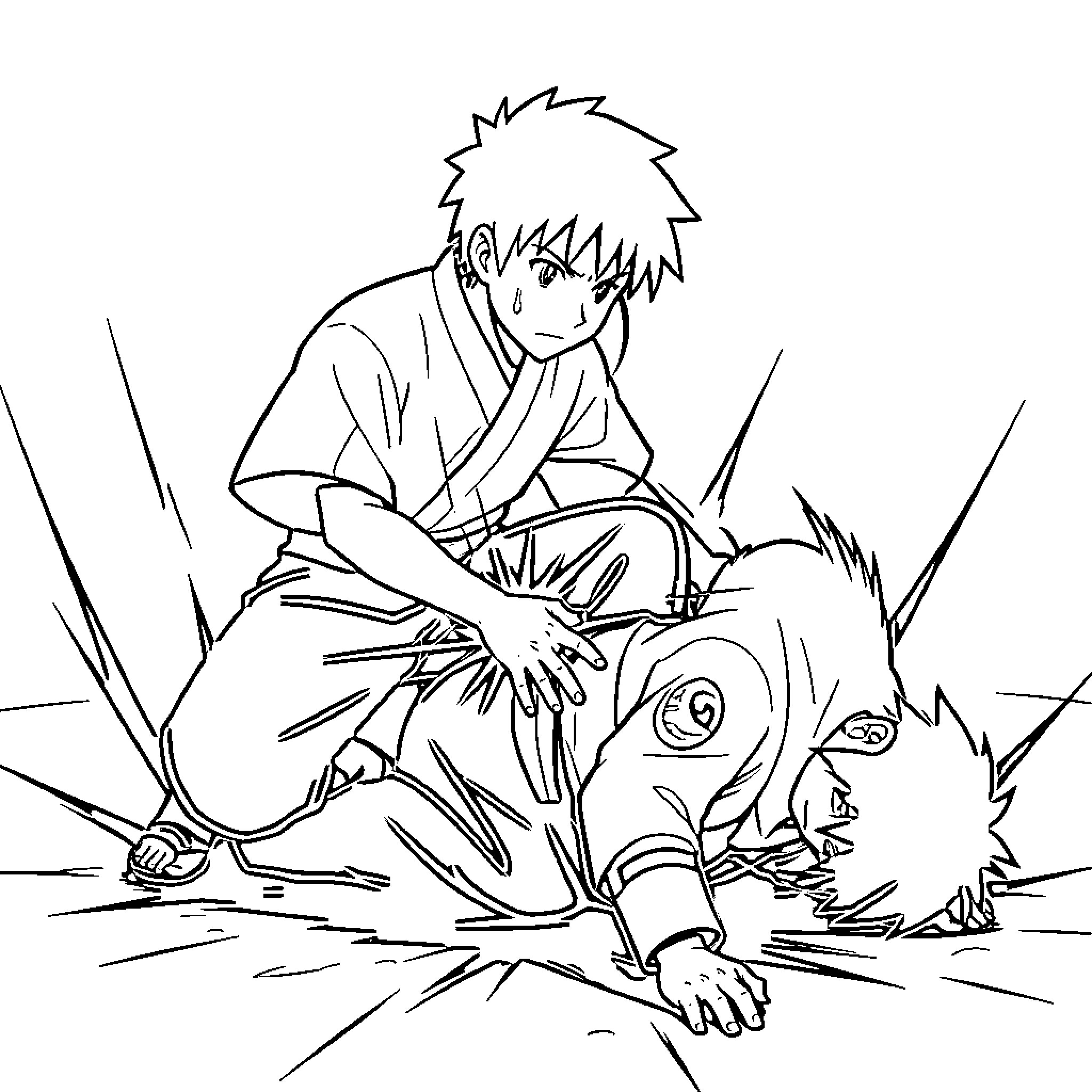 Shikamaru in intense combat with enemy Coloring Page (free black-and-white line drawing printable PDF for all, from beginners to advanced learners, including children, teens, adults, and seniors)
