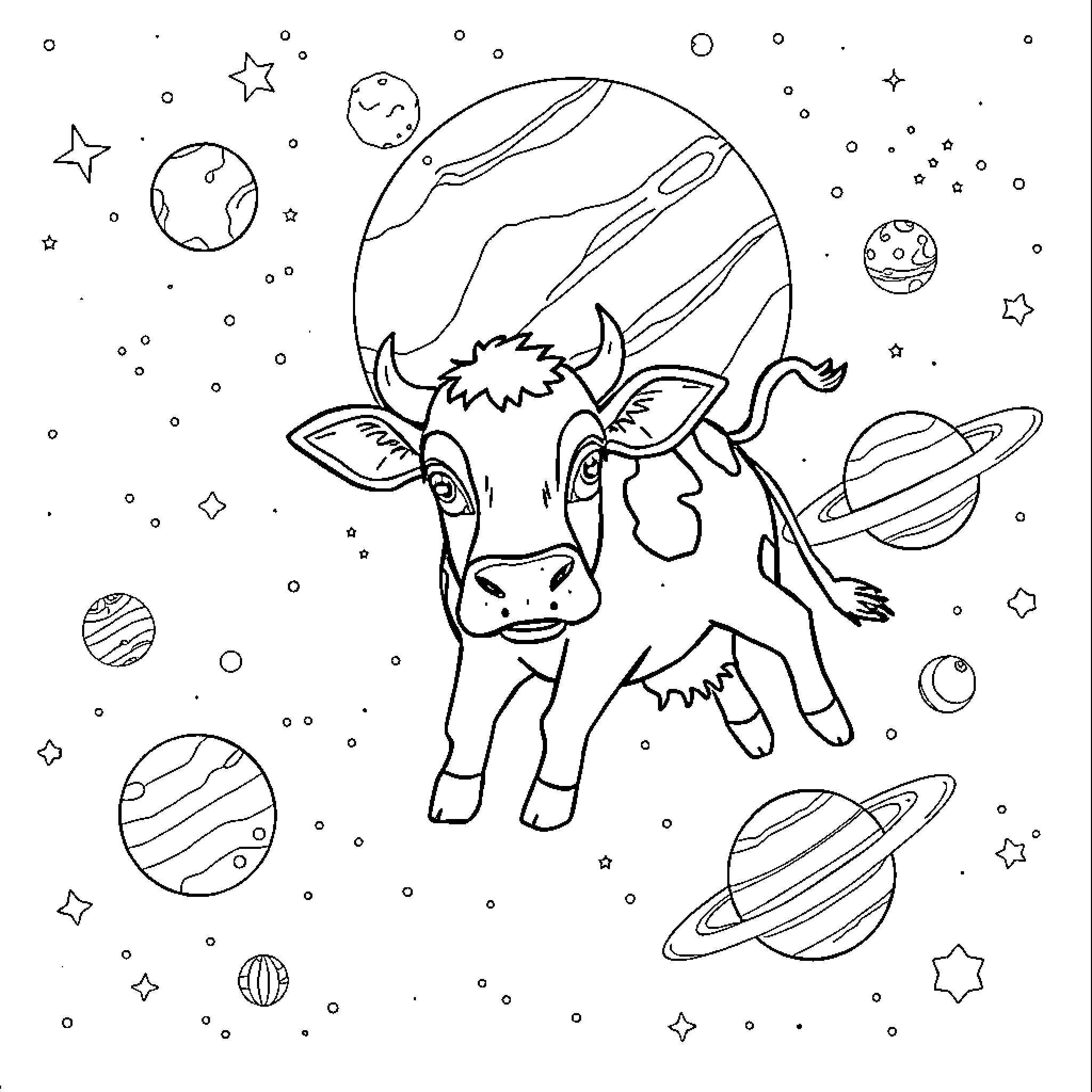 Cow exploring the cosmic universe Coloring Page (free black-and-white line drawing printable PDF for all, from beginners to advanced learners, including children, teens, adults, and seniors)