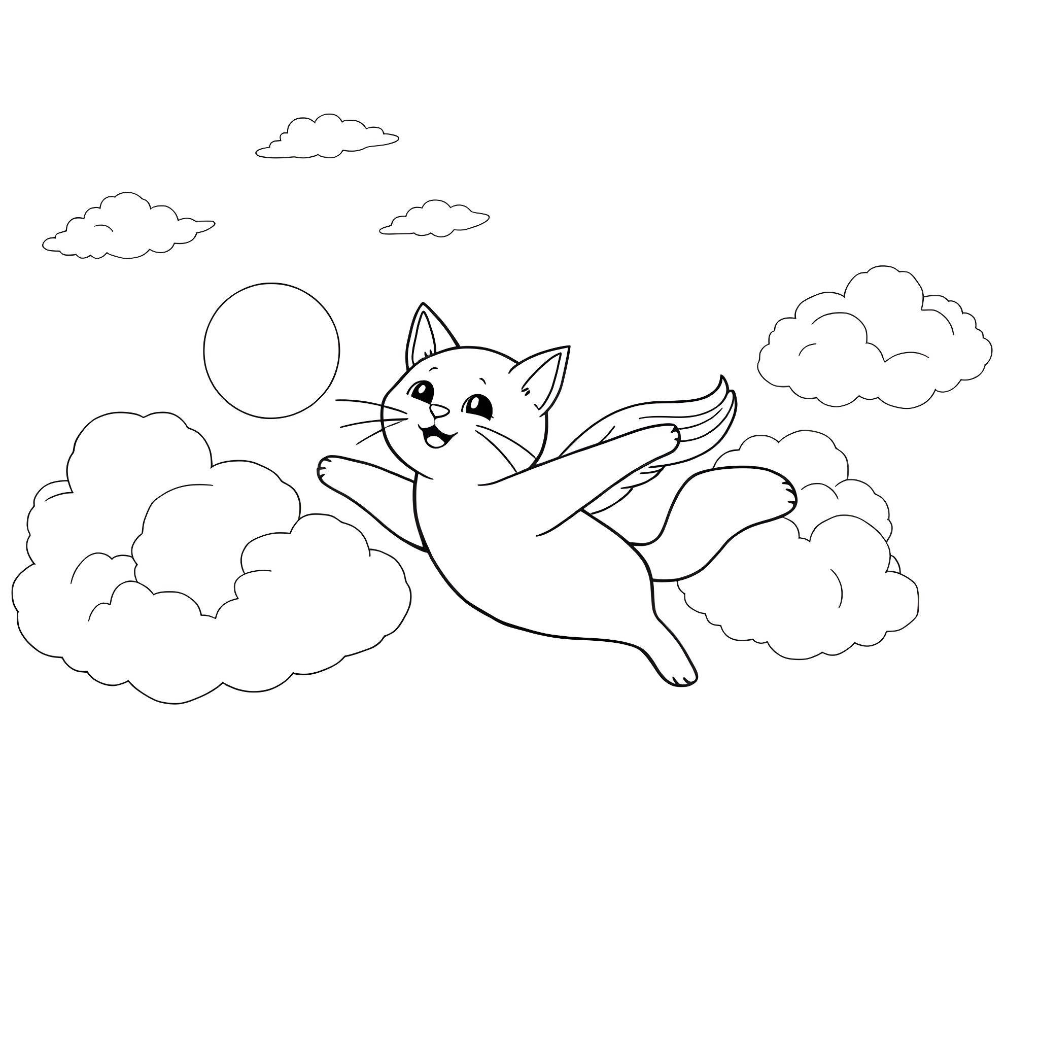 Cat soaring through the clouds Coloring Page (free black-and-white line drawing printable PDF for all, from beginners to advanced learners, including children, teens, adults, and seniors)
