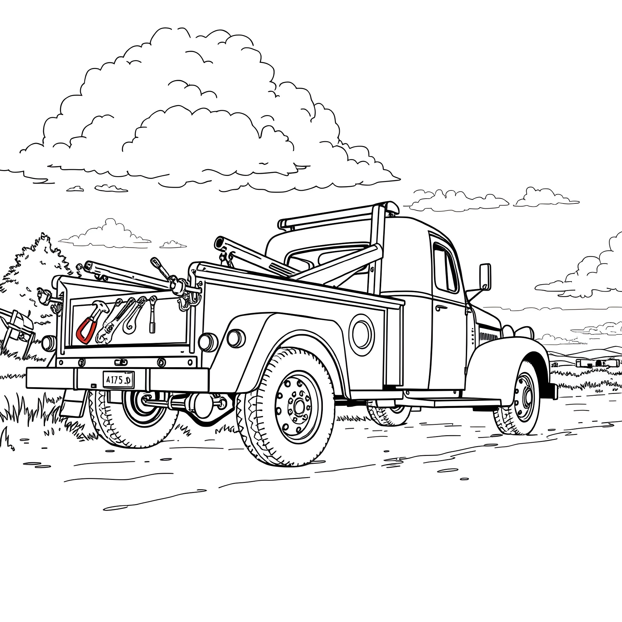 Tow Truck Assisting on the Rural Road Coloring Page (free black-and-white line drawing printable PDF for all, from beginners to advanced learners, including children, teens, adults, and seniors)