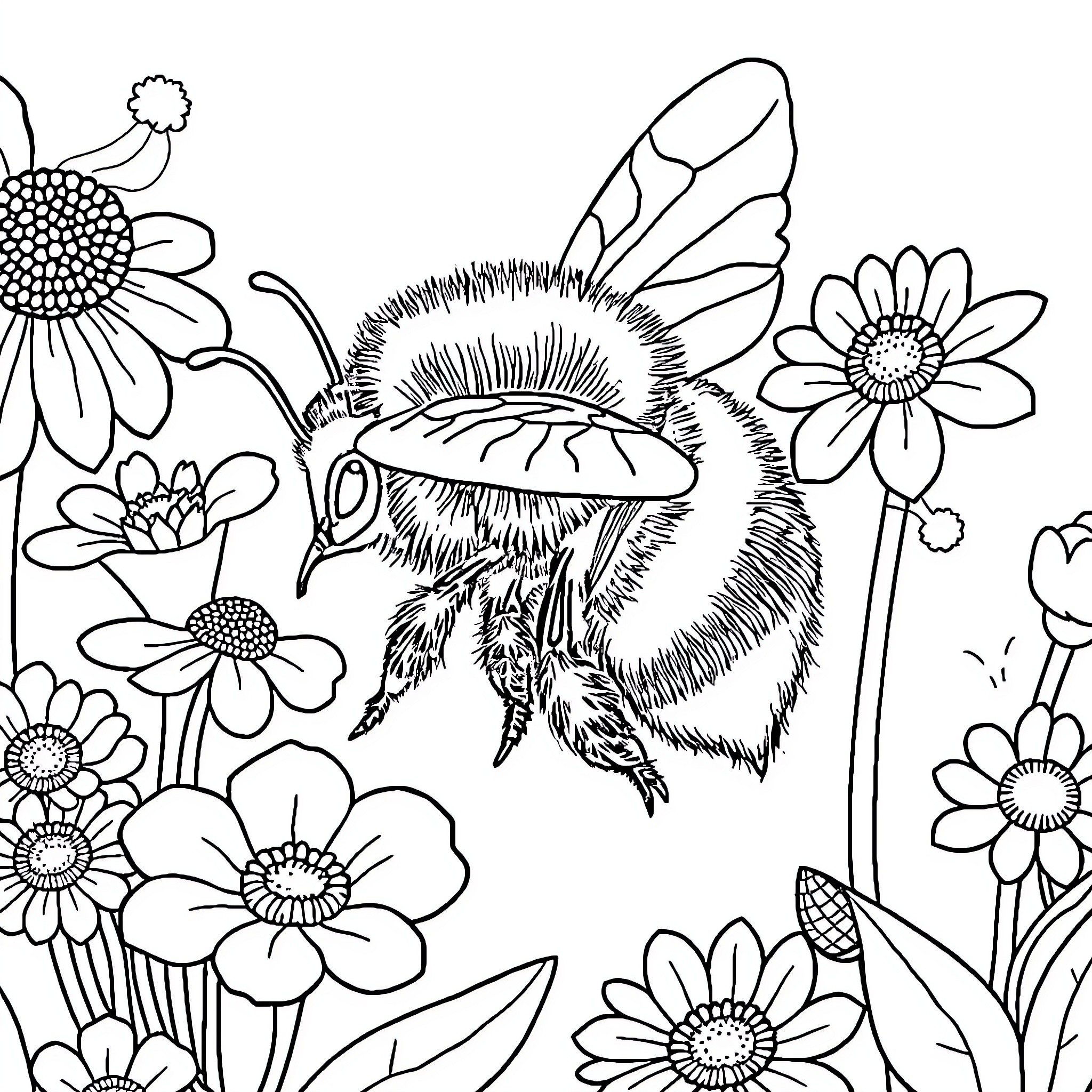 Bumblebee among vibrant flowers Coloring Page (free black-and-white line drawing printable PDF for all, from beginners to advanced learners, including children, teens, adults, and seniors)