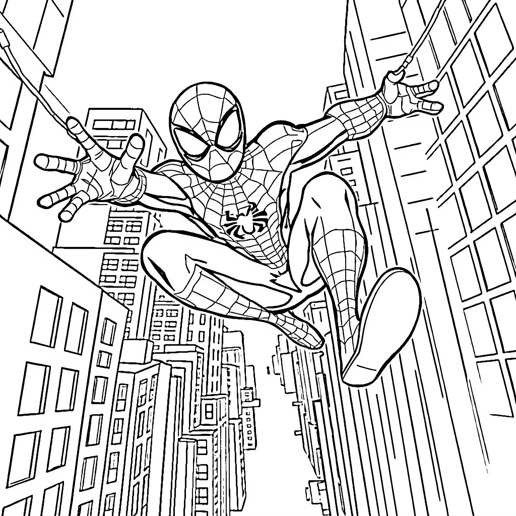 Spiderman swinging between skyscrapers in the city Coloring Page (free black-and-white line drawing printable PDF for all, from beginners to advanced learners, including children, teens, adults, and seniors)