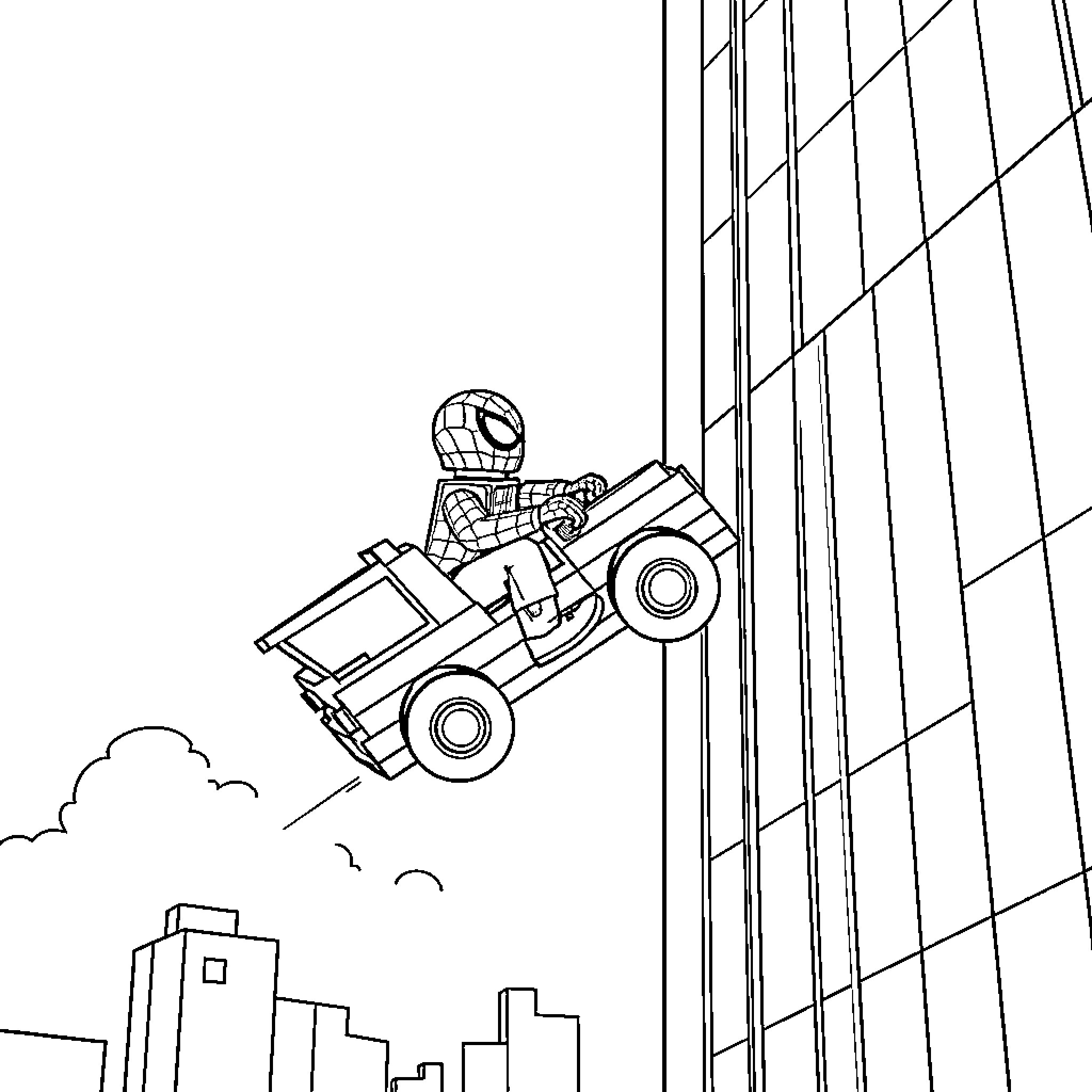 Spiderman driving high-tech vehicle in the city Coloring Page (free black-and-white line drawing printable PDF for all, from beginners to advanced learners, including children, teens, adults, and seniors)