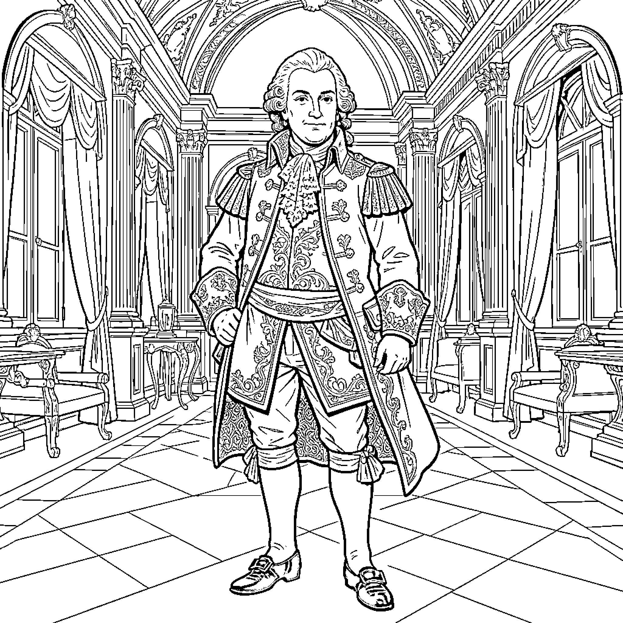 Louis XIV in ornate royal attire and opulent palace setting Coloring Page (free black-and-white line drawing printable PDF for all, from beginners to advanced learners, including children, teens, adults, and seniors)