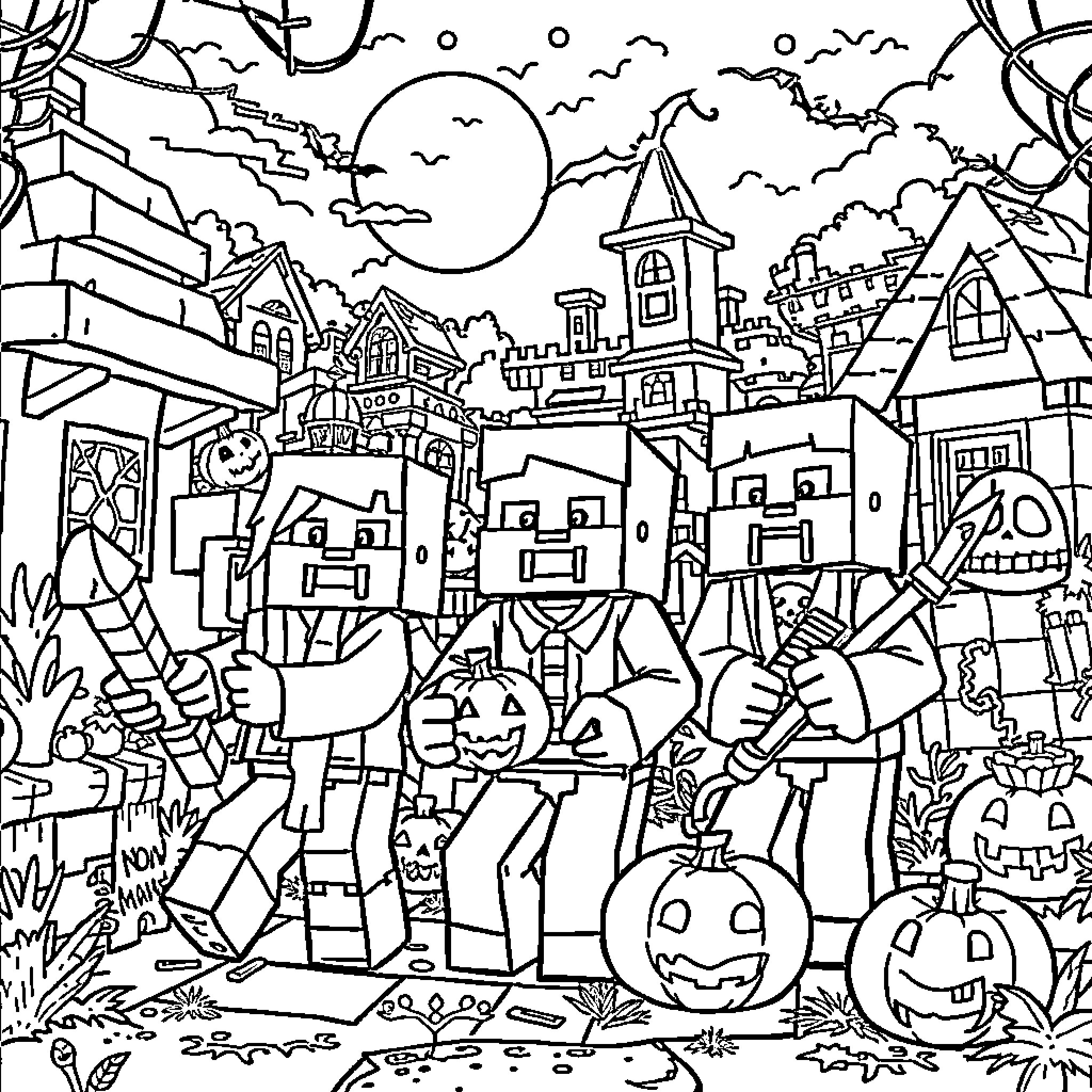 Minecraft Characters Celebrating Halloween in a Spooky Town Coloring Page (free black-and-white line drawing printable PDF for all, from beginners to advanced learners, including children, teens, adults, and seniors)