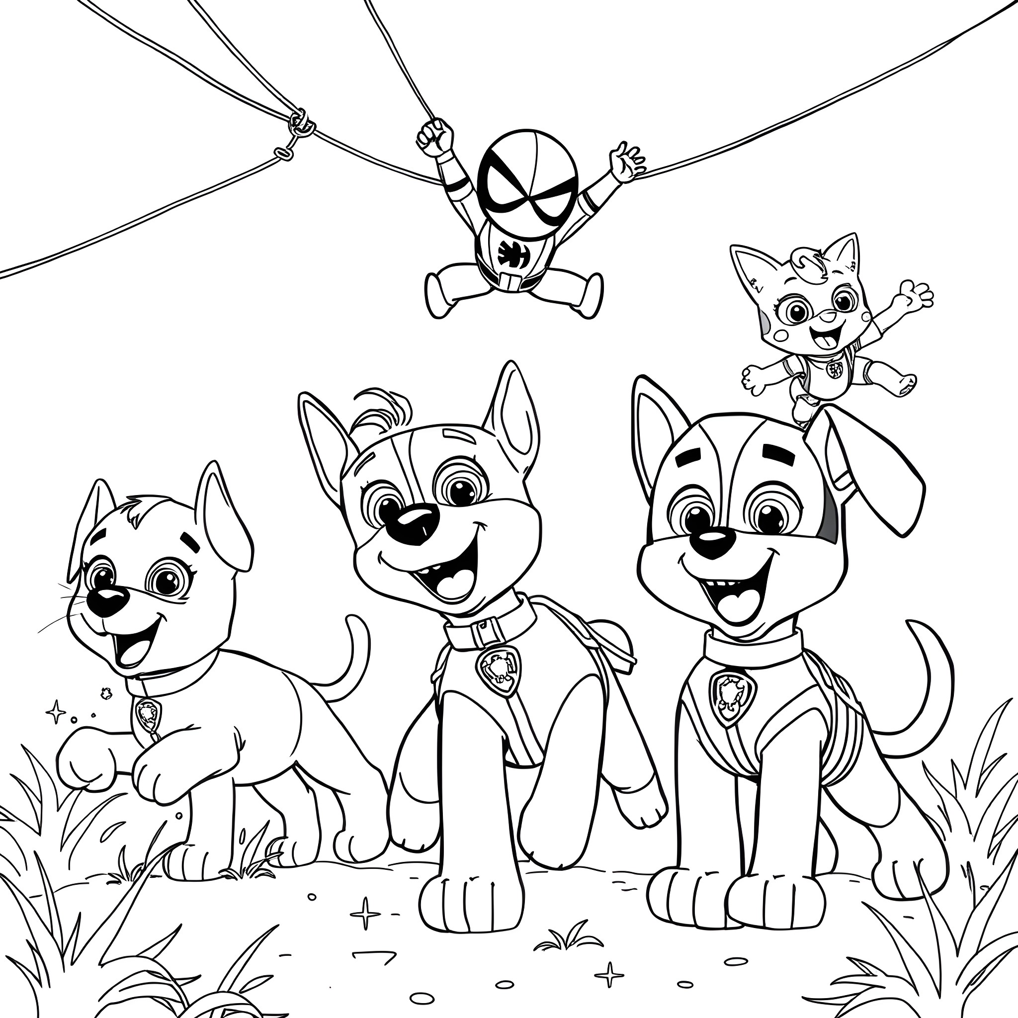 Paw Patrol Pups on an Adventure Coloring Page (free black-and-white line drawing printable PDF for all, from beginners to advanced learners, including children, teens, adults, and seniors)