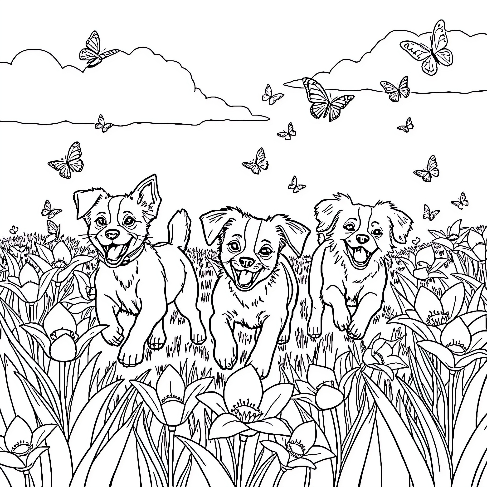 Dog Pals Playing Happily with Butterflies in Field Coloring Page (free black-and-white line drawing printable PDF for all, from beginners to advanced learners, including children, teens, adults, and seniors)