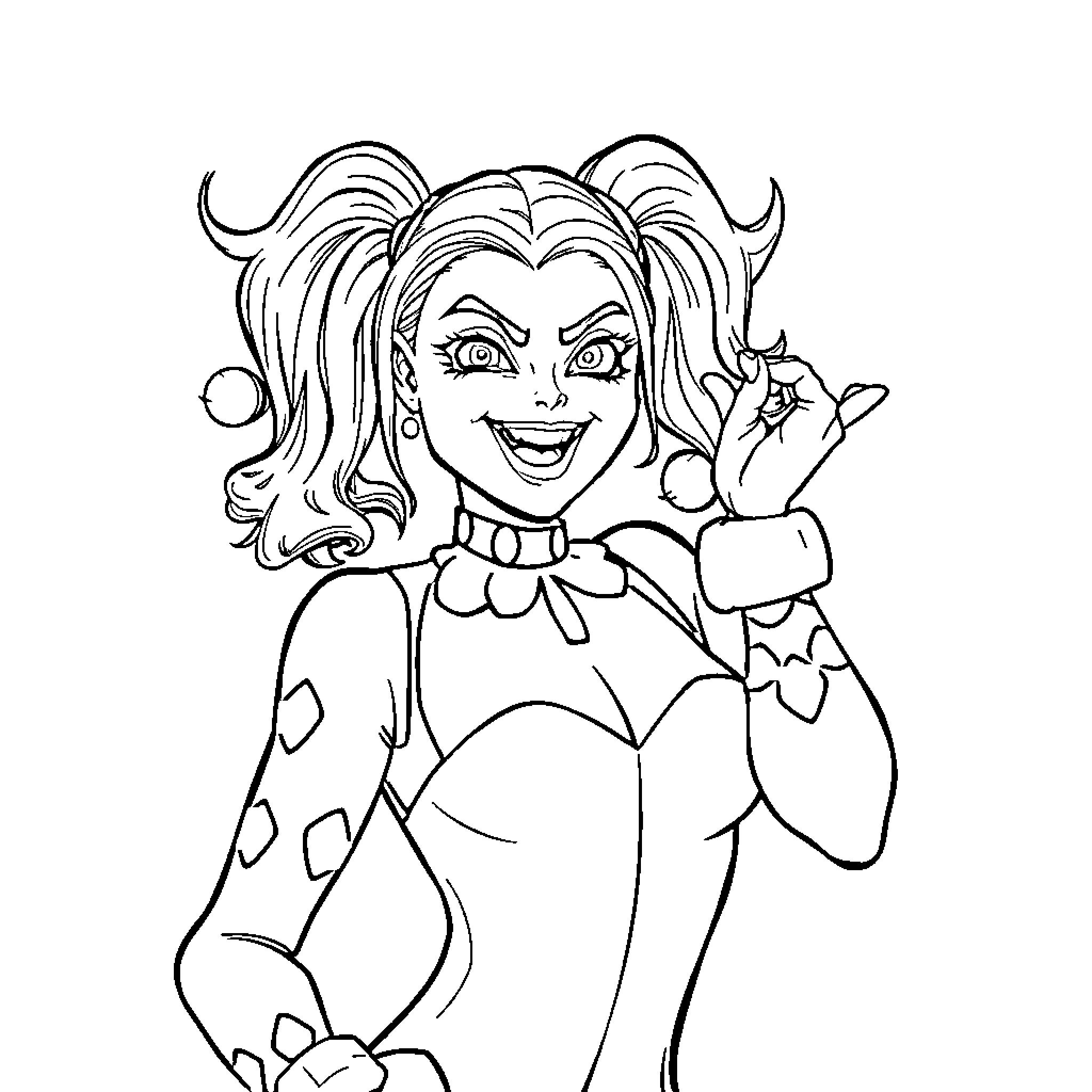 Harley Quinn in playful and mischievous pose Coloring Page (free black-and-white line drawing printable PDF for all, from beginners to advanced learners, including children, teens, adults, and seniors)