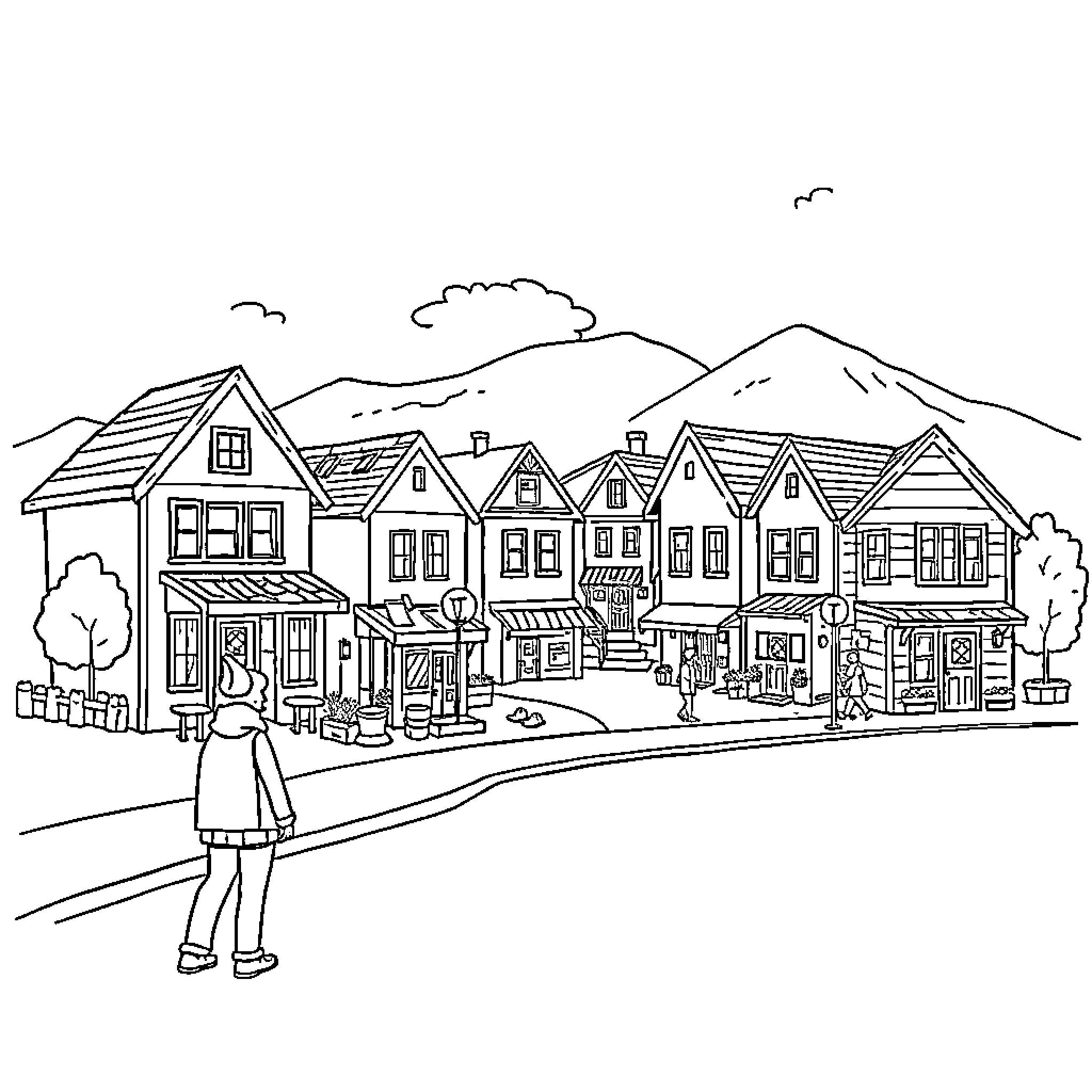 Buley's Stroll Through the Quaint Village Coloring Page (free black-and-white line drawing printable PDF for all, from beginners to advanced learners, including children, teens, adults, and seniors)