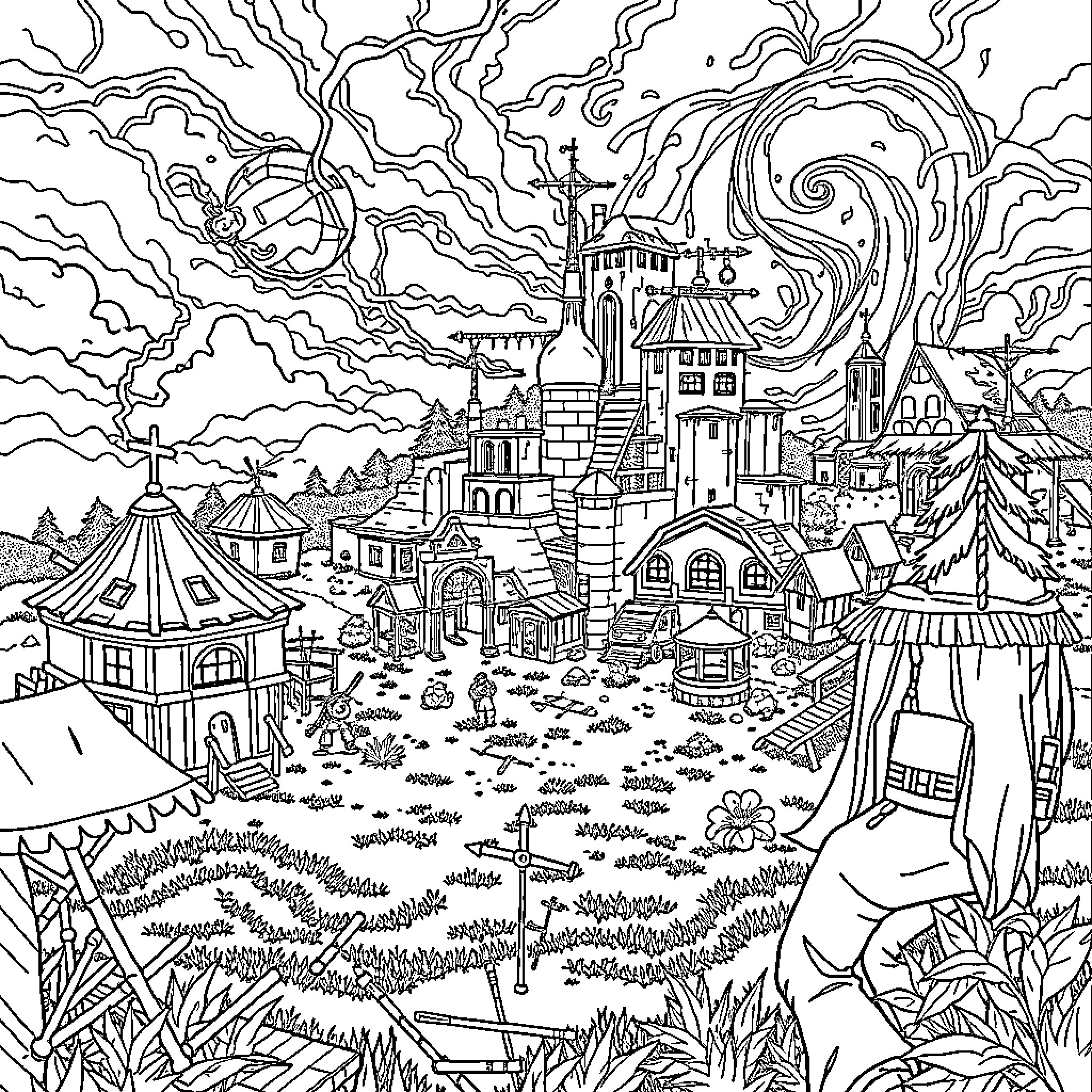 Fortnite: Fantastical Landscape with Whimsical Structures Coloring Page (free black-and-white line drawing printable PDF for all, from beginners to advanced learners, including children, teens, adults, and seniors)