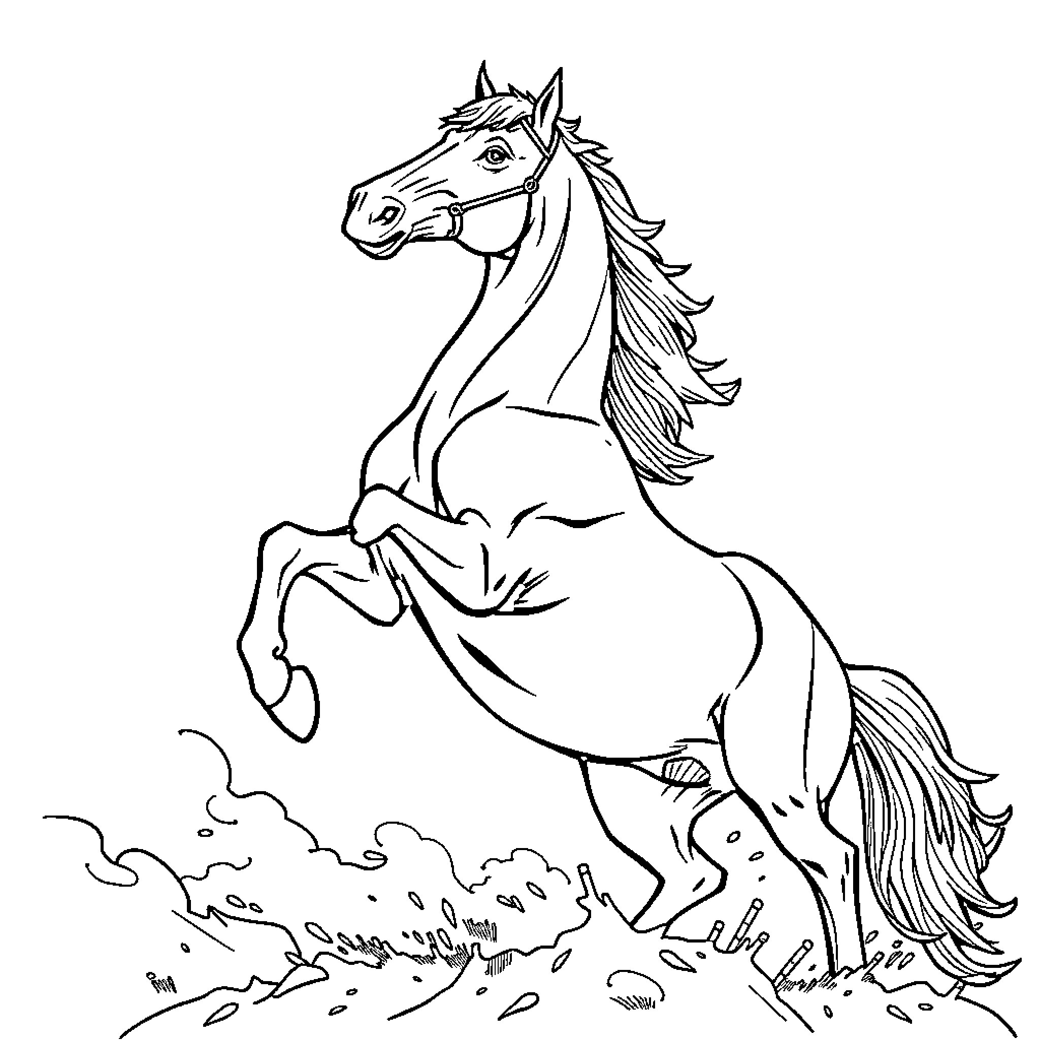 Horse galloping through nature Coloring Page (free black-and-white line drawing printable PDF for all, from beginners to advanced learners, including children, teens, adults, and seniors)