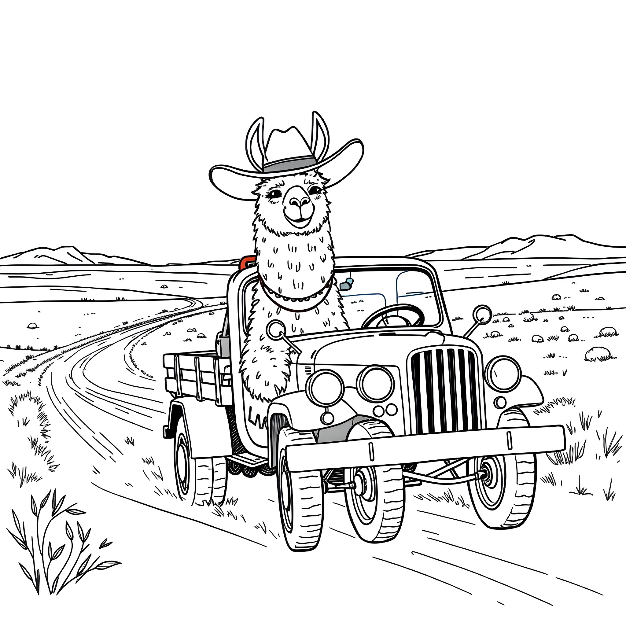 Llama riding vintage jeep on a country road Coloring Page (free black-and-white line drawing printable PDF for all, from beginners to advanced learners, including children, teens, adults, and seniors)