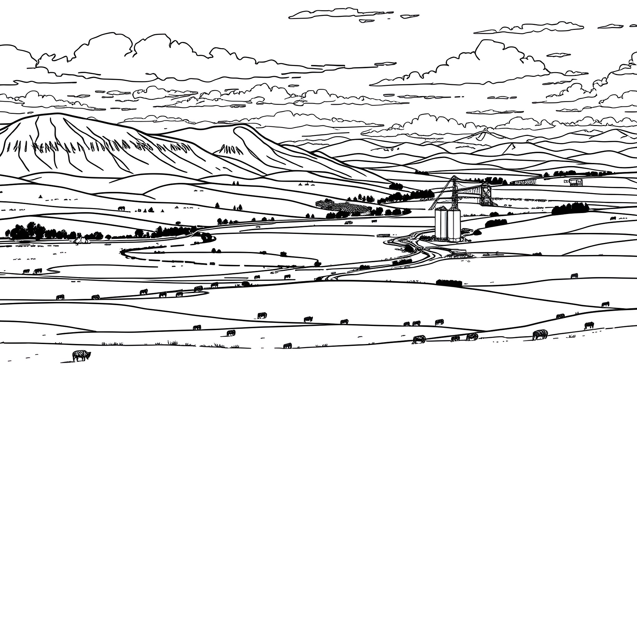Saskatchewan rural landscape with mountains and farmland Coloring Page (free black-and-white line drawing printable PDF for all, from beginners to advanced learners, including children, teens, adults, and seniors)