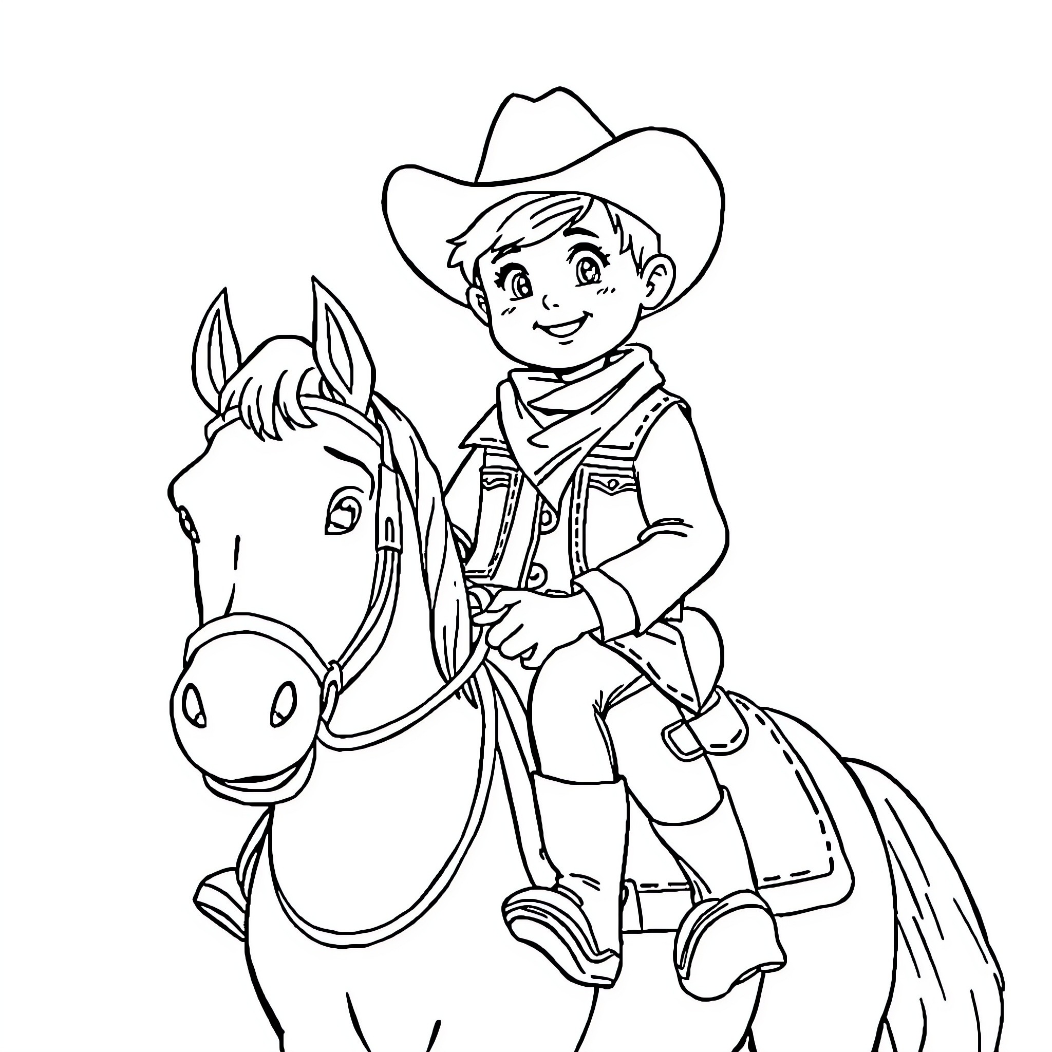 Boy riding a horse in cowboy outfit Coloring Page (free black-and-white line drawing printable PDF for all, from beginners to advanced learners, including children, teens, adults, and seniors)