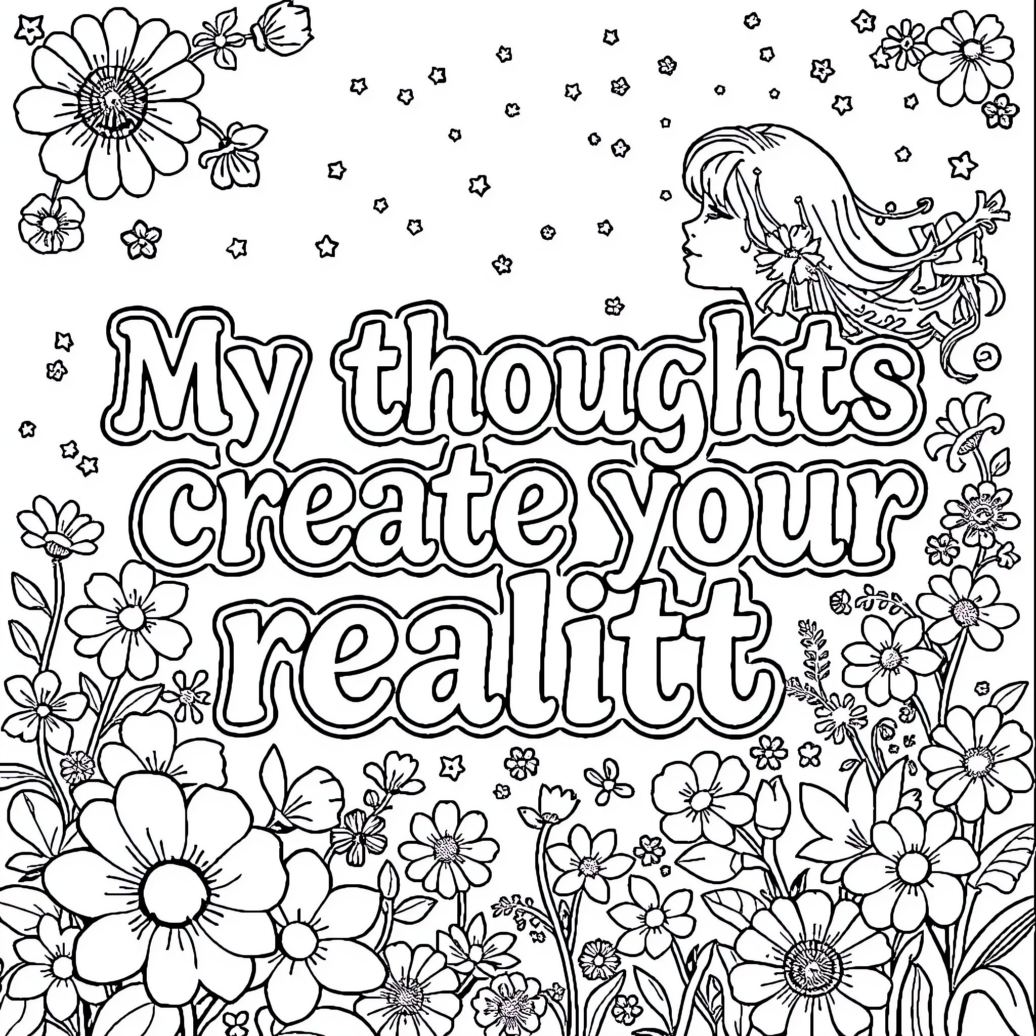 Text about thoughts creating your reality Coloring Page (free black-and-white line drawing printable PDF for all, from beginners to advanced learners, including children, teens, adults, and seniors)