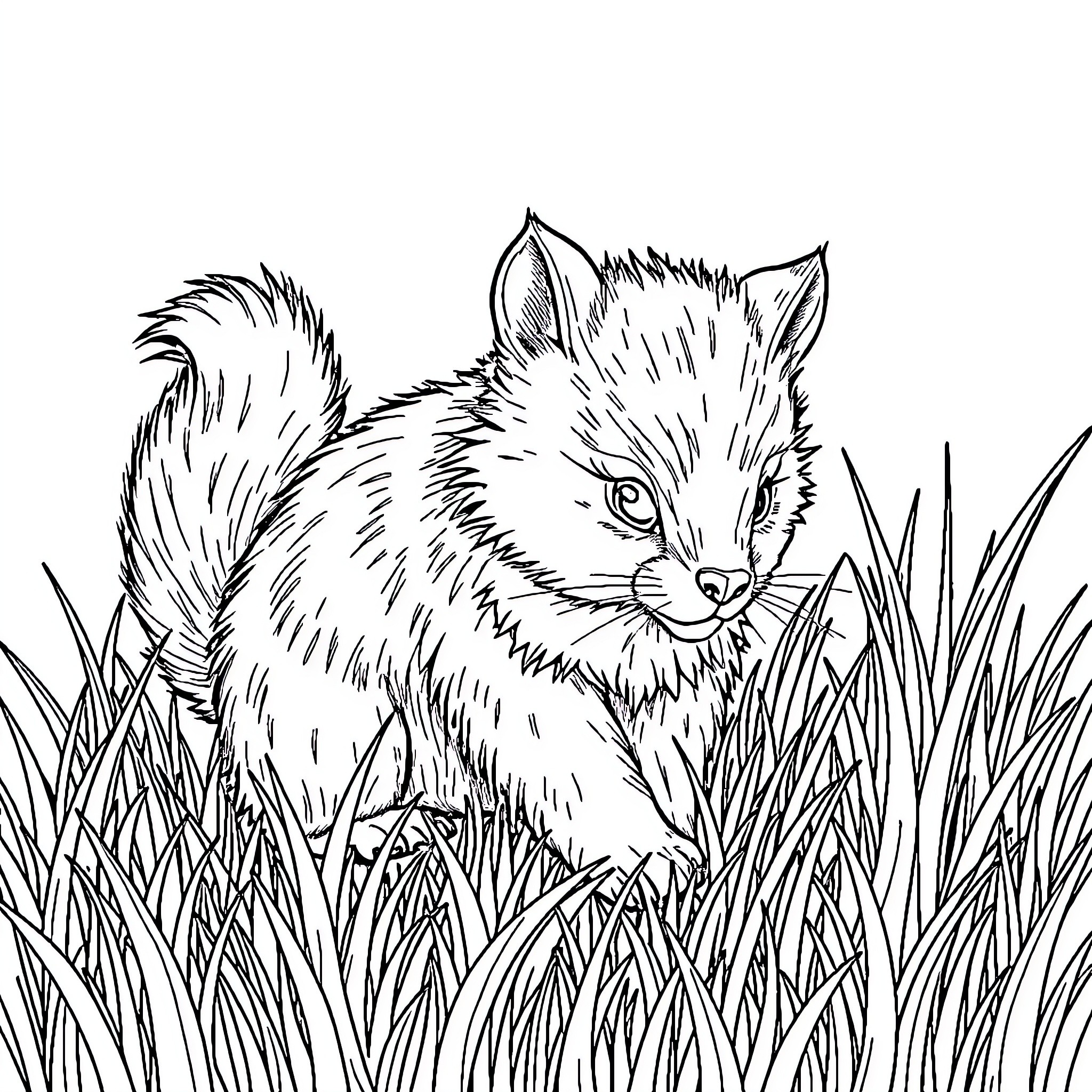 Animal peeking through tall grass Coloring Page (free black-and-white line drawing printable PDF for all, from beginners to advanced learners, including children, teens, adults, and seniors)