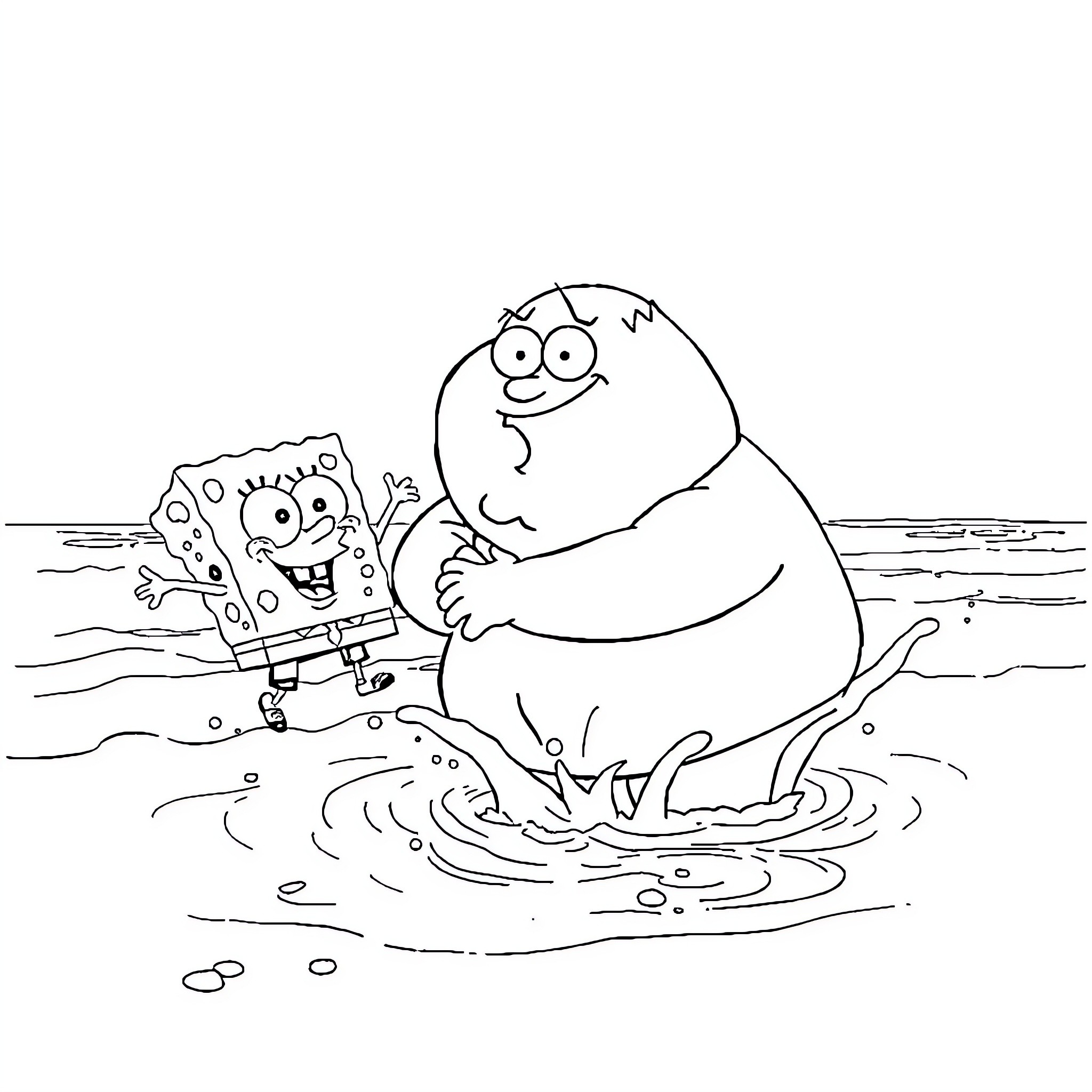 Peter Griffin having fun with SpongeBob in the water Coloring Page (free black-and-white line drawing printable PDF for all, from beginners to advanced learners, including children, teens, adults, and seniors)