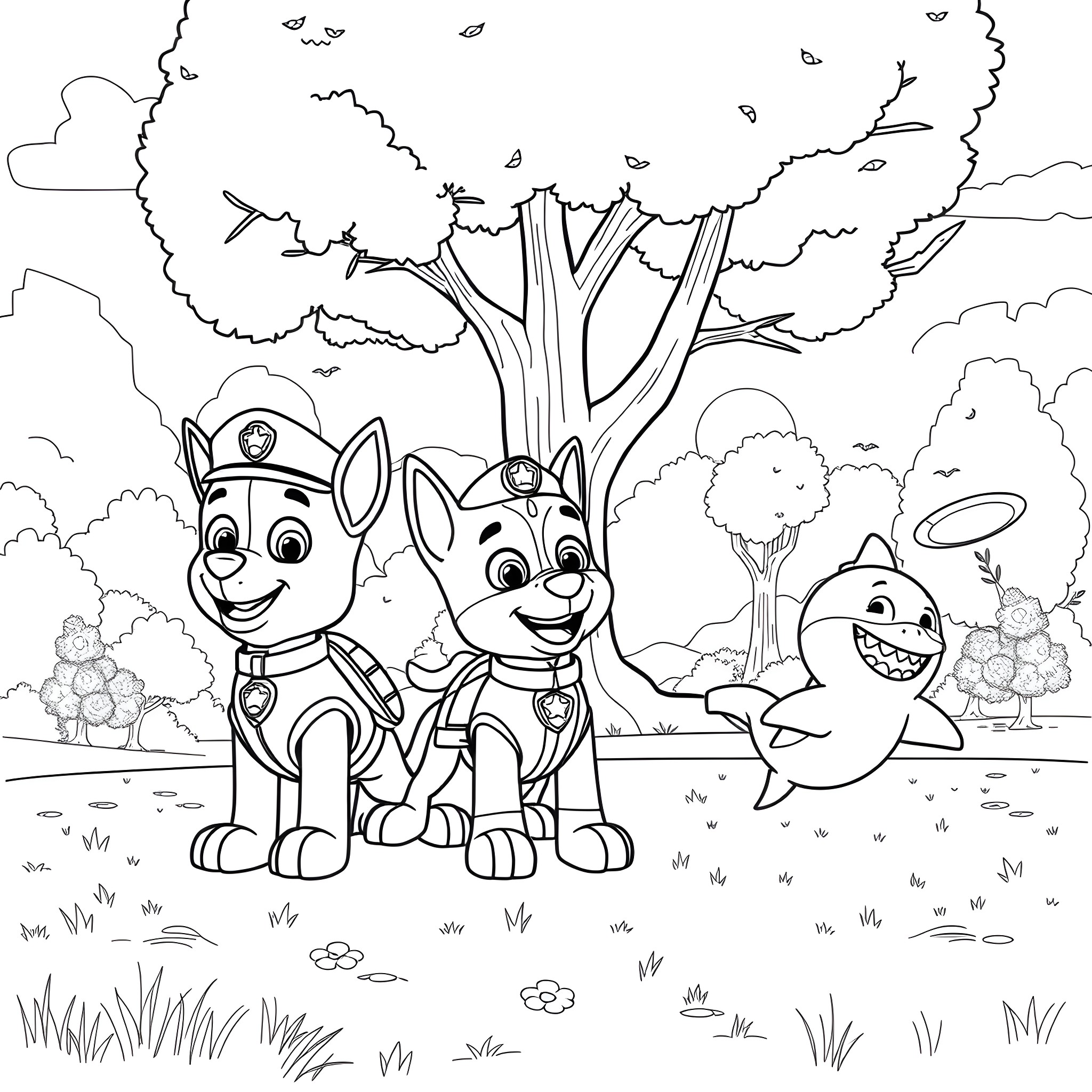 Paw Patrol characters explore the outdoors Coloring Page (free black-and-white line drawing printable PDF for all, from beginners to advanced learners, including children, teens, adults, and seniors)