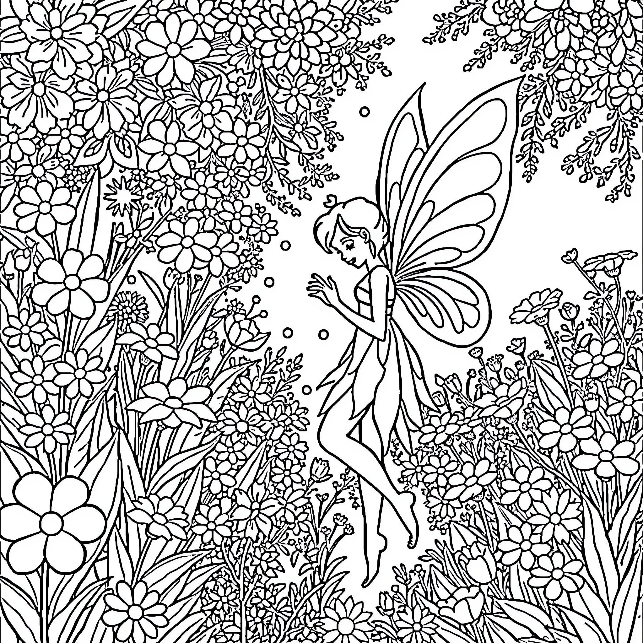 Fairy dancing amidst a floral fantasy Coloring Page (free black-and-white line drawing printable PDF for all, from beginners to advanced learners, including children, teens, adults, and seniors)