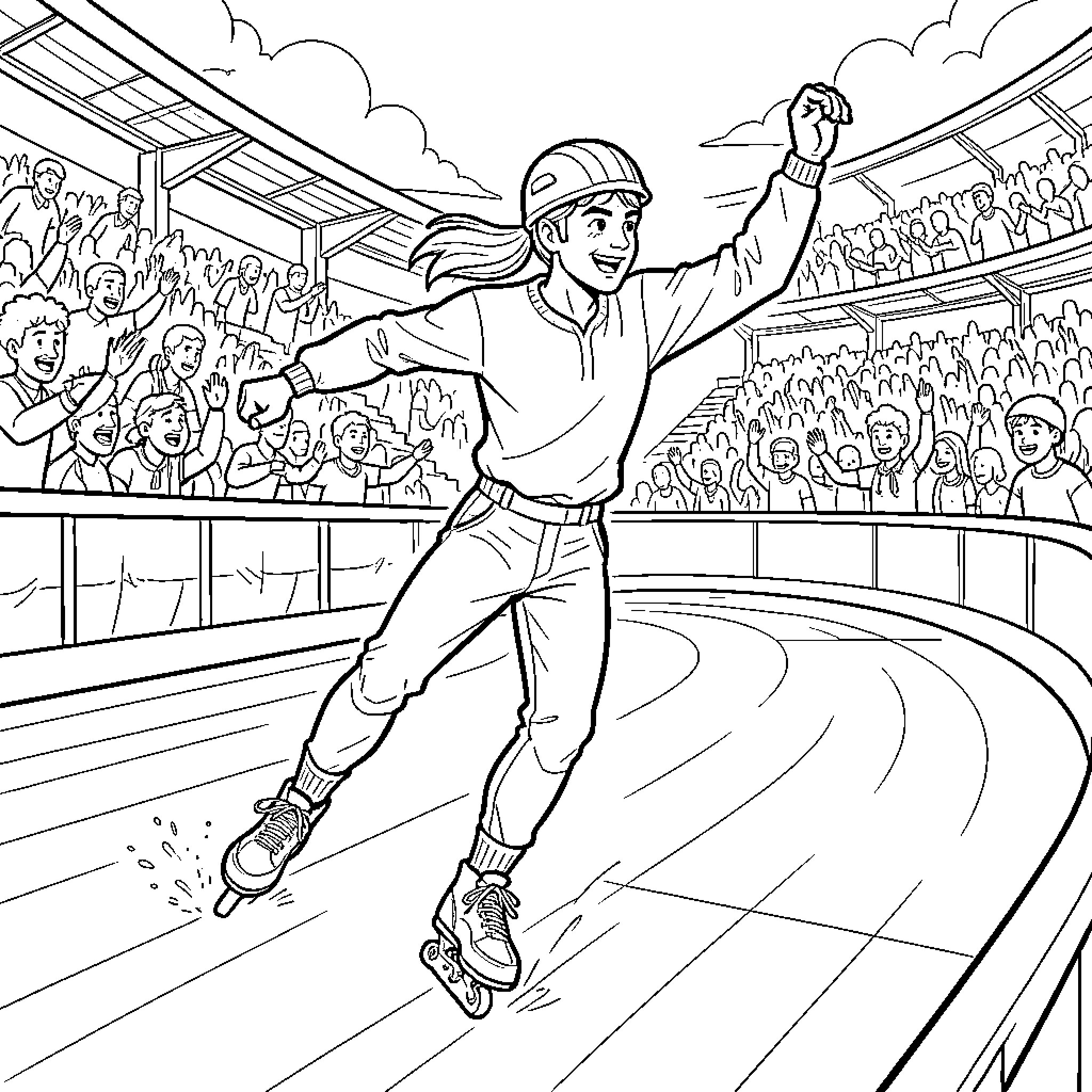 Huntrix roller skater performing a joyful routine for a crowd Coloring Page (free black-and-white line drawing printable PDF for all, from beginners to advanced learners, including children, teens, adults, and seniors)