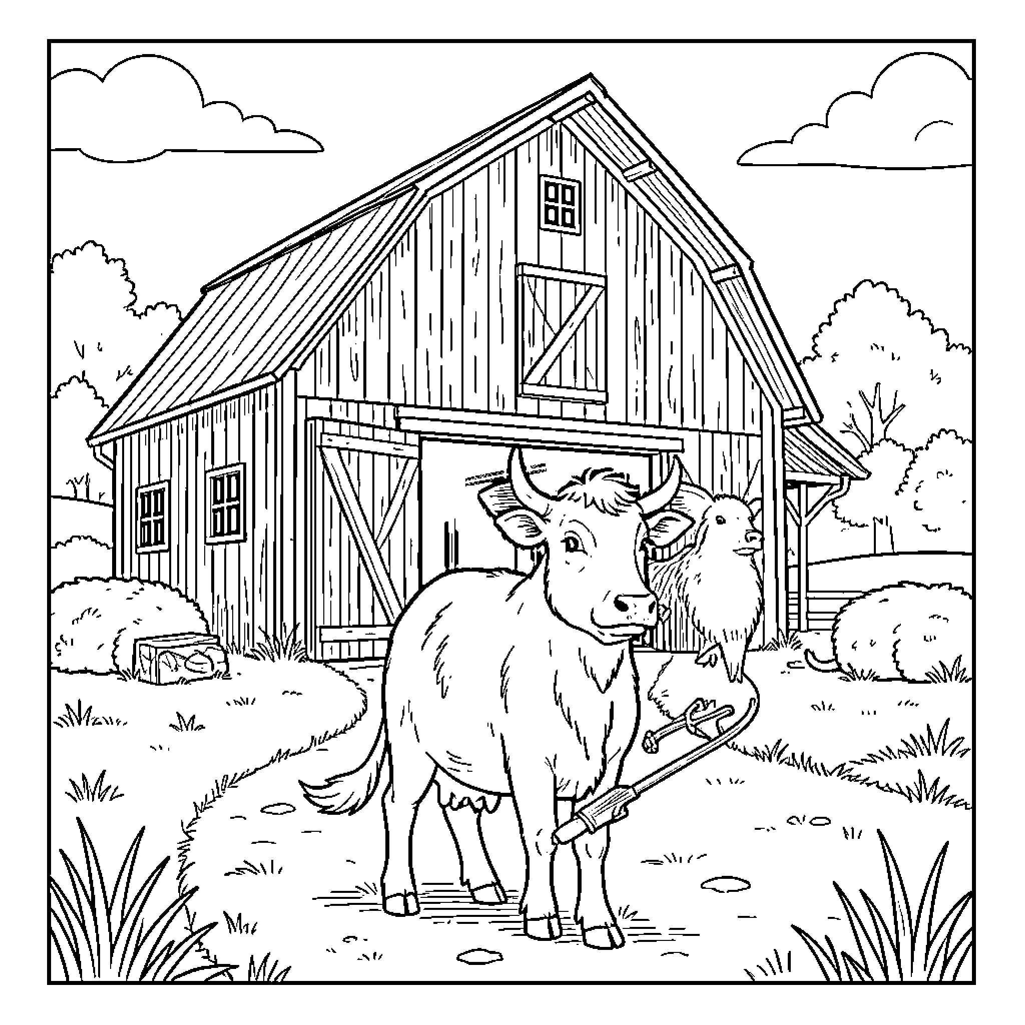 Calm cows standing in front of a rustic barn Coloring Page (free black-and-white line drawing printable PDF for all, from beginners to advanced learners, including children, teens, adults, and seniors)
