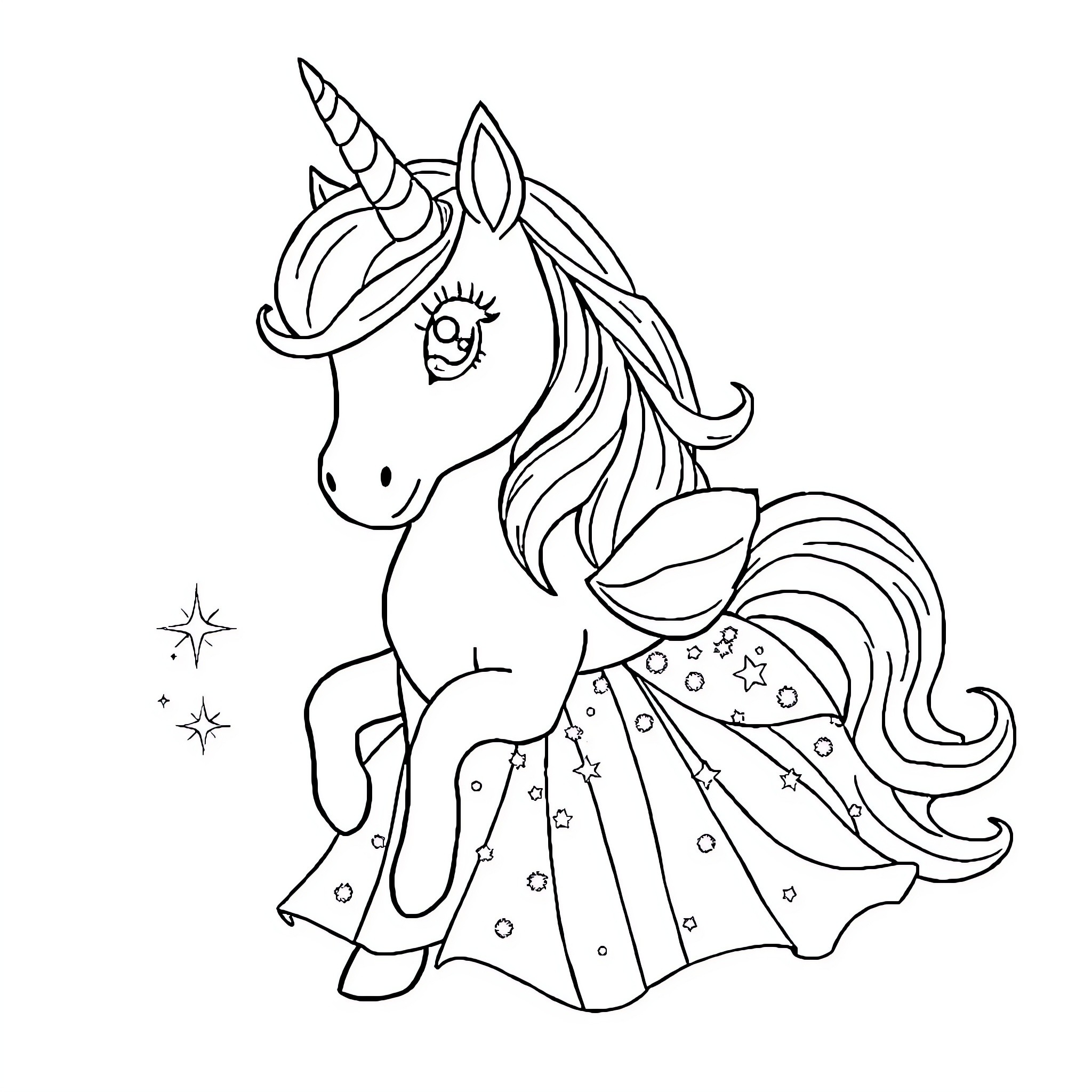 Unicorn with enchanting attire and radiant expression Coloring Page (free black-and-white line drawing printable PDF for all, from beginners to advanced learners, including children, teens, adults, and seniors)