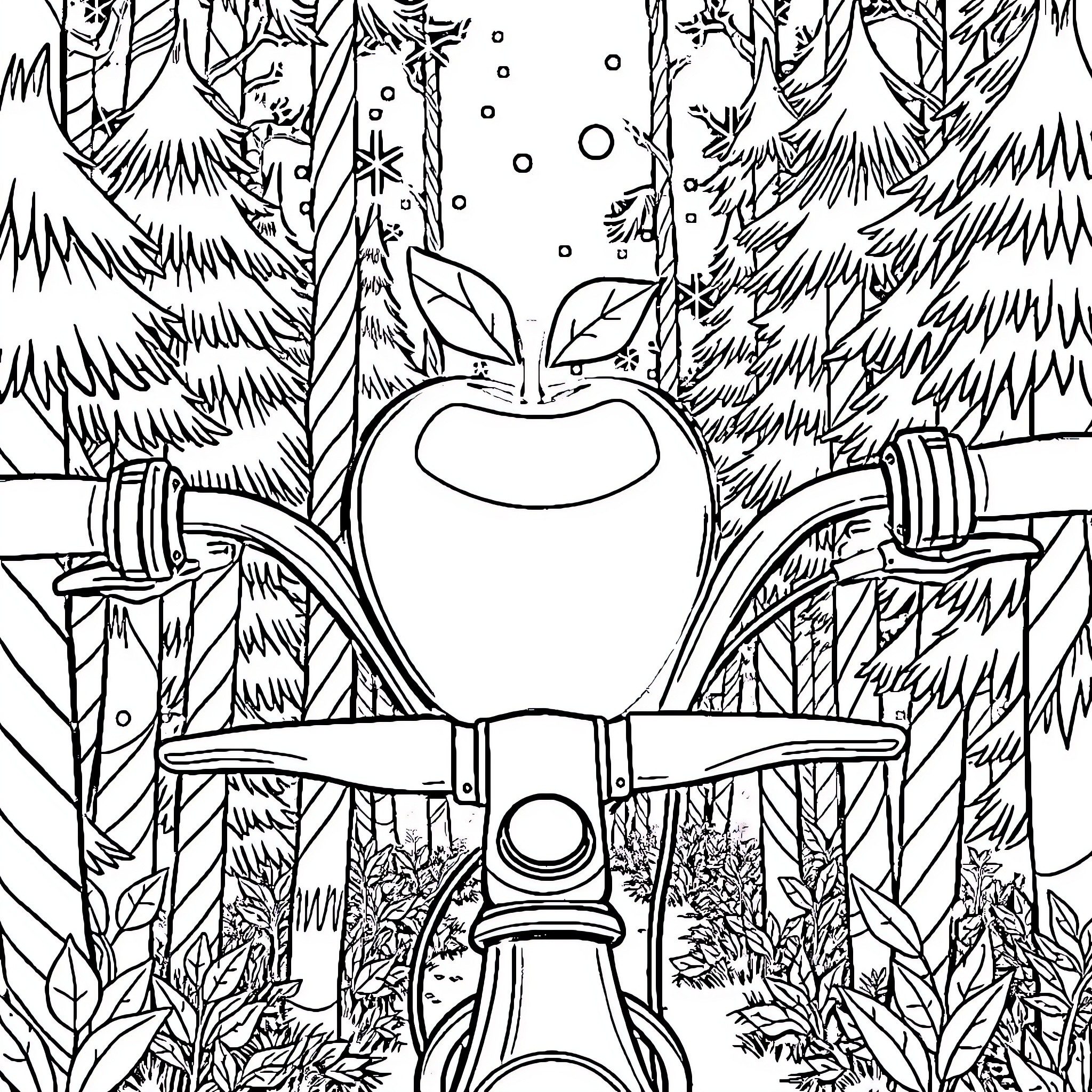 Apple-themed Winter Wonderland Coloring Page (free black-and-white line drawing printable PDF for all, from beginners to advanced learners, including children, teens, adults, and seniors)