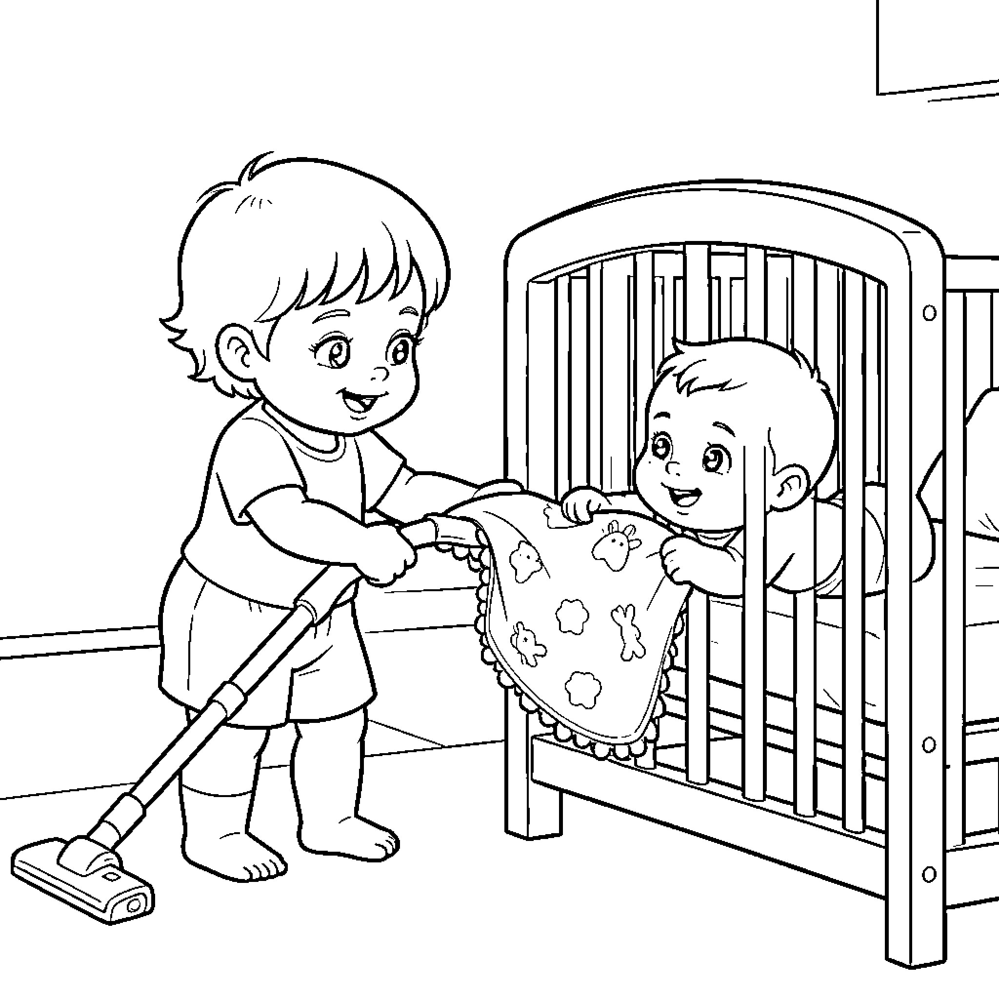 Toddler vacuuming near a baby in a crib Coloring Page (free black-and-white line drawing printable PDF for all, from beginners to advanced learners, including children, teens, adults, and seniors)