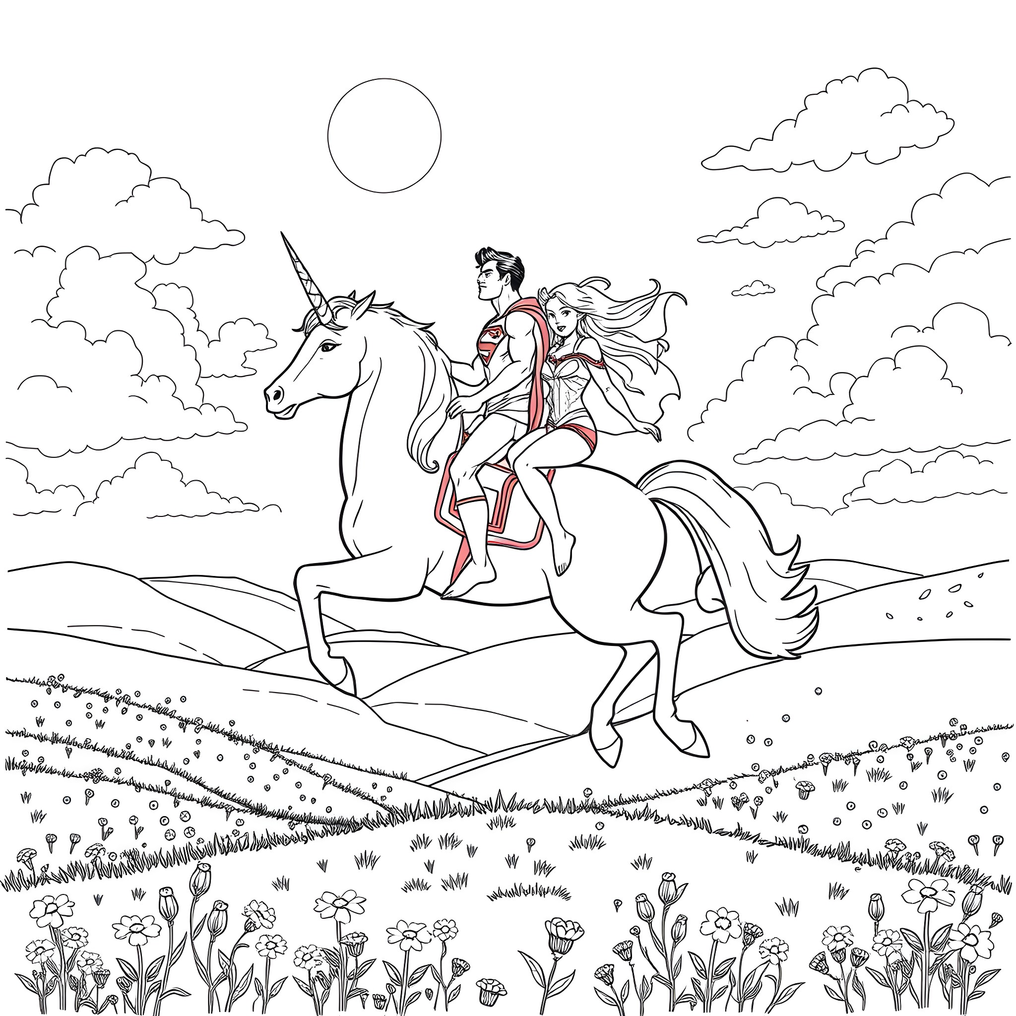 Superhero riding majestic unicorn in enchanting landscape Coloring Page (free black-and-white line drawing printable PDF for all, from beginners to advanced learners, including children, teens, adults, and seniors)