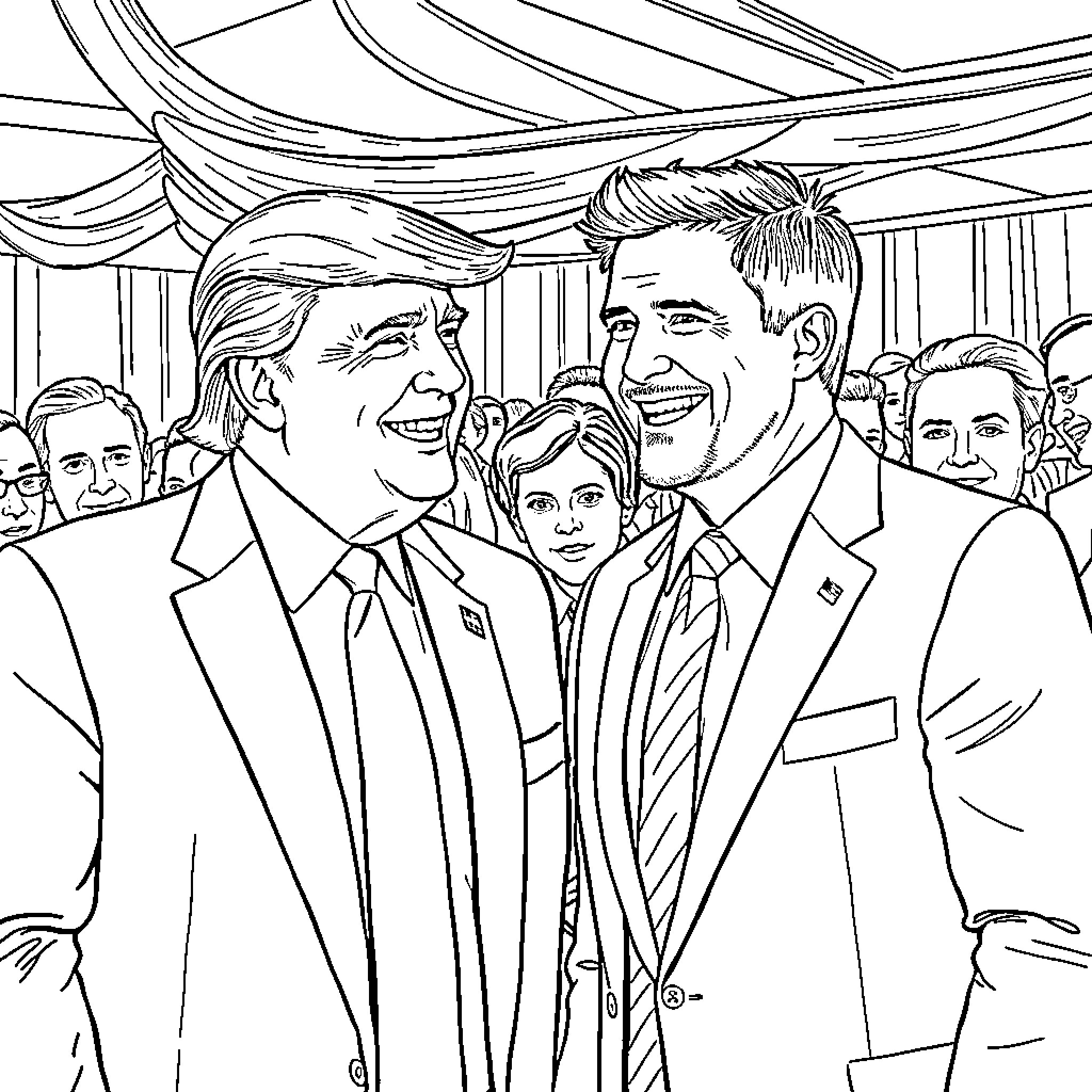 Donald Trump Interacting with Others at Political Event Coloring Page (free black-and-white line drawing printable PDF for all, from beginners to advanced learners, including children, teens, adults, and seniors)