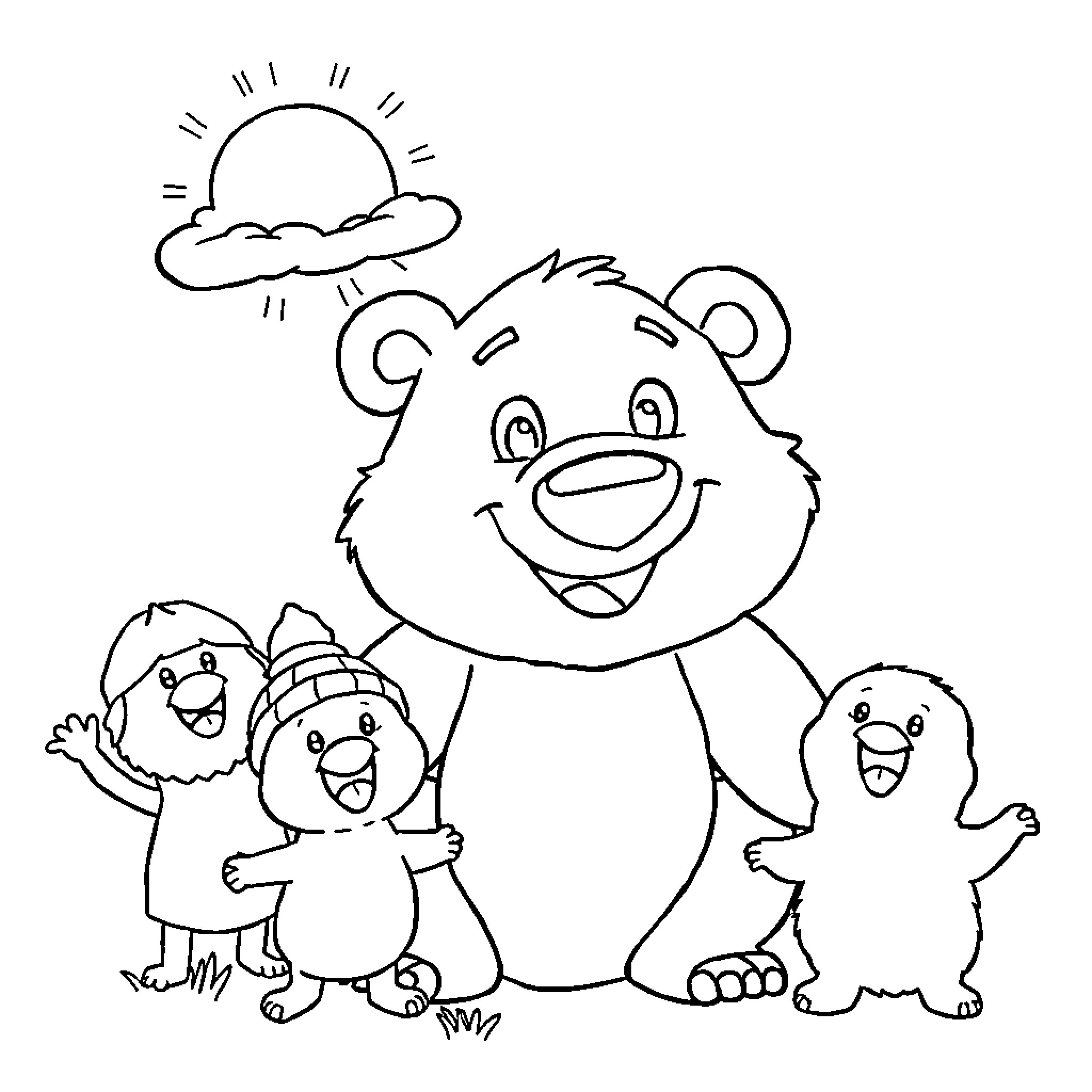 Character group of animals in nature Coloring Page (free black-and-white line drawing printable PDF for all, from beginners to advanced learners, including children, teens, adults, and seniors)