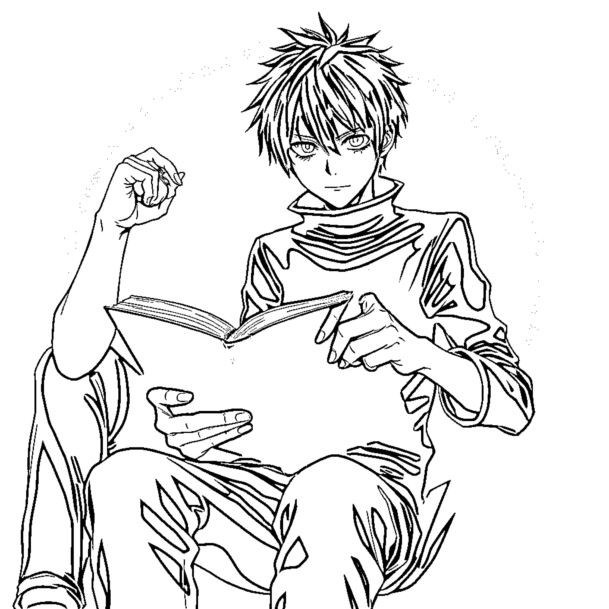 Death Note: Mysterious Student Holding a Book Coloring Page (free black-and-white line drawing printable PDF for all, from beginners to advanced learners, including children, teens, adults, and seniors)