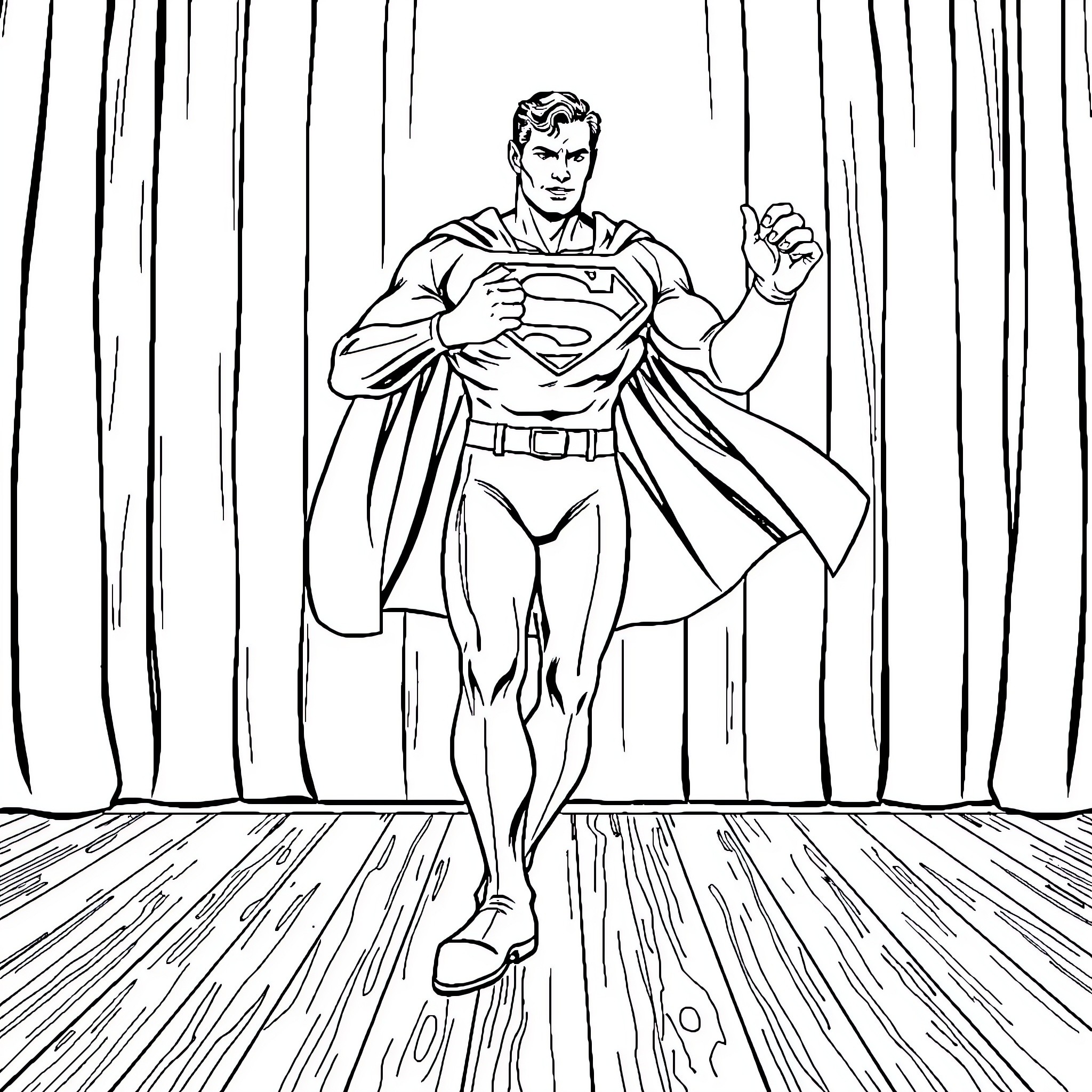 Superman stands heroically on a wooden stage Coloring Page (free black-and-white line drawing printable PDF for all, from beginners to advanced learners, including children, teens, adults, and seniors)