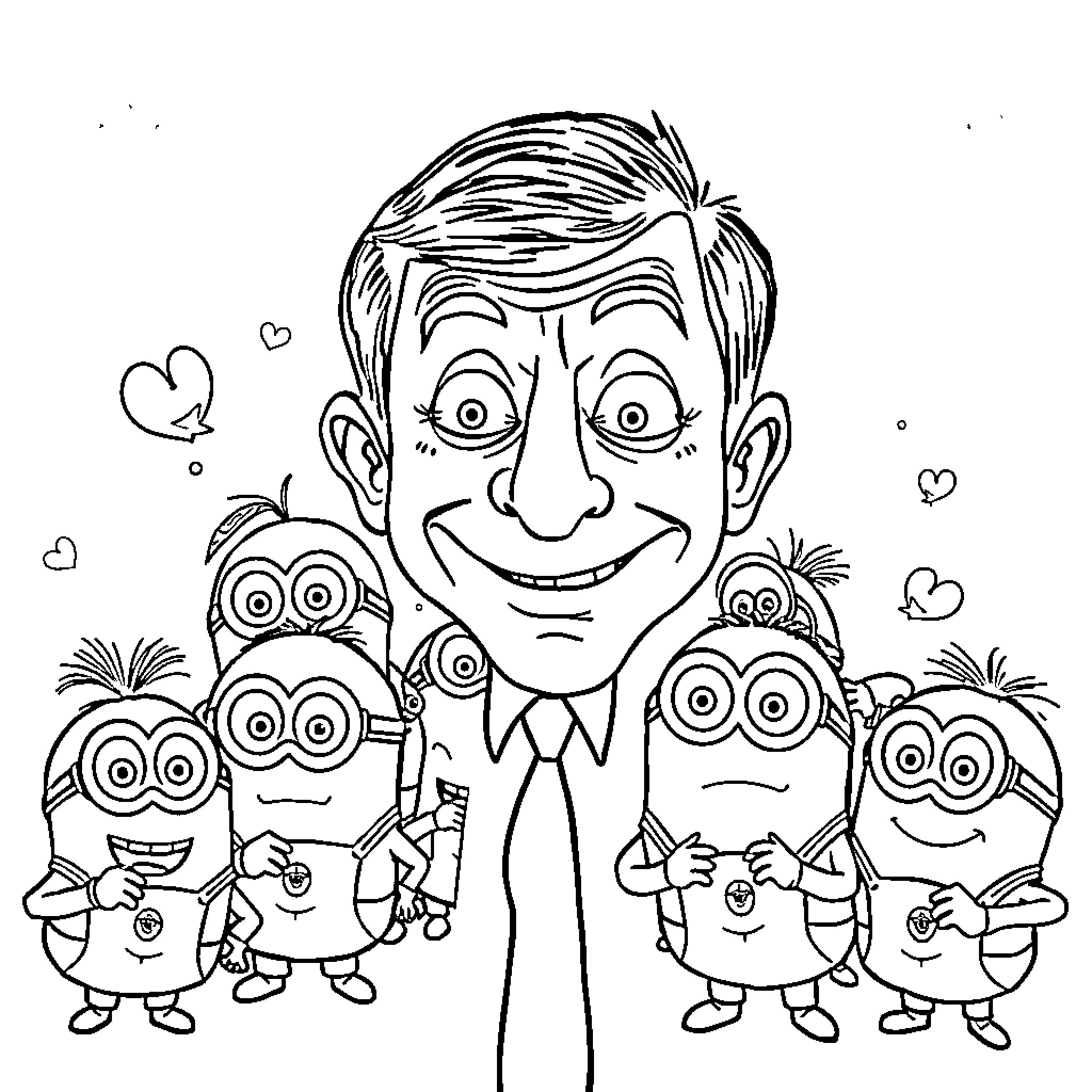 Mr Bean surrounded by funny cartoon characters Coloring Page (free black-and-white line drawing printable PDF for all, from beginners to advanced learners, including children, teens, adults, and seniors)