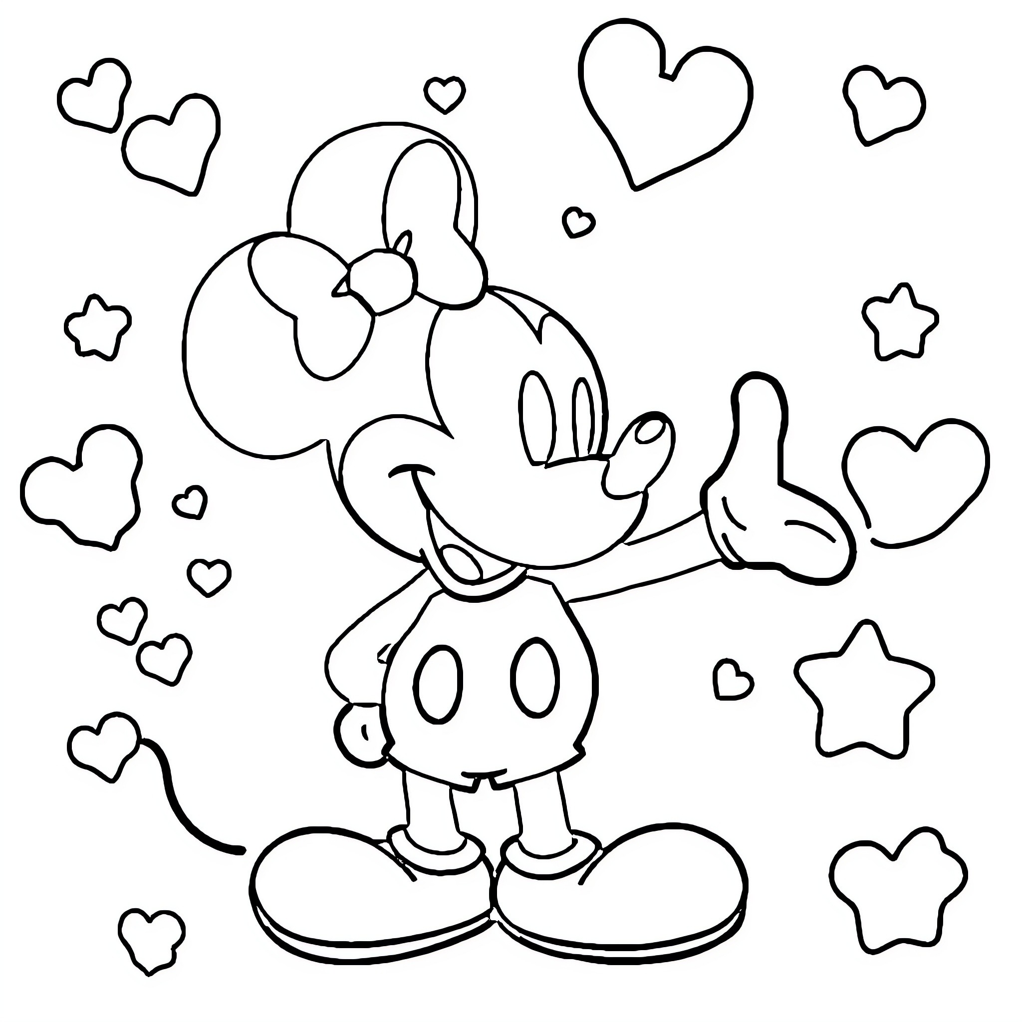 Mickey Mouse surrounded by hearts and stars Coloring Page (free black-and-white line drawing printable PDF for all, from beginners to advanced learners, including children, teens, adults, and seniors)